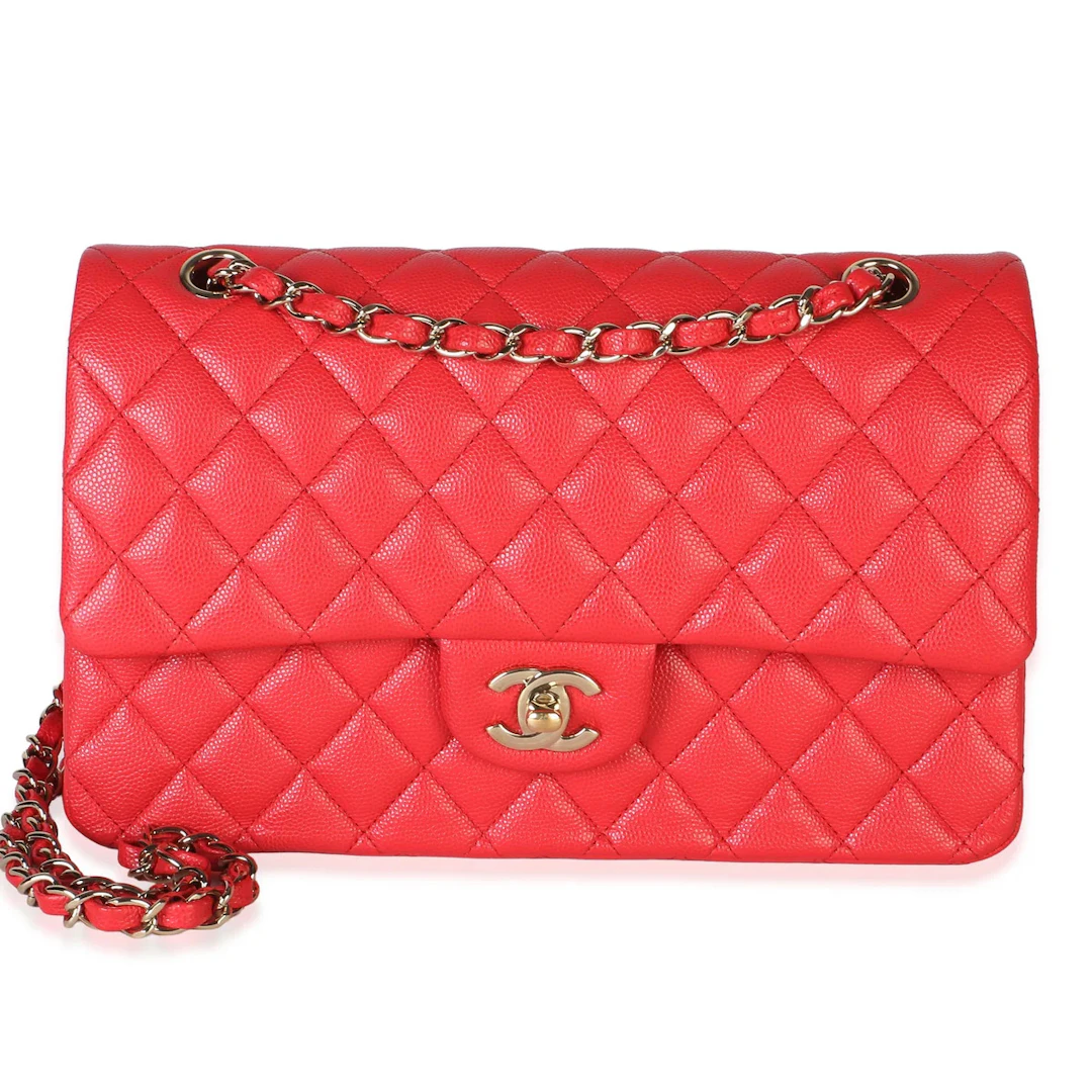 Red Quilted Caviar Medium Classic Double Flap Bag Gold Hardware, 2019