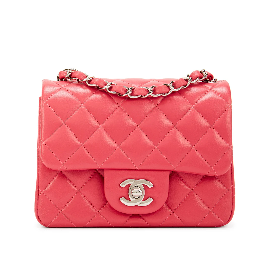 Pink Quilted Lambskin Mini Square Classic Single Flap Silver Hardware, 2019