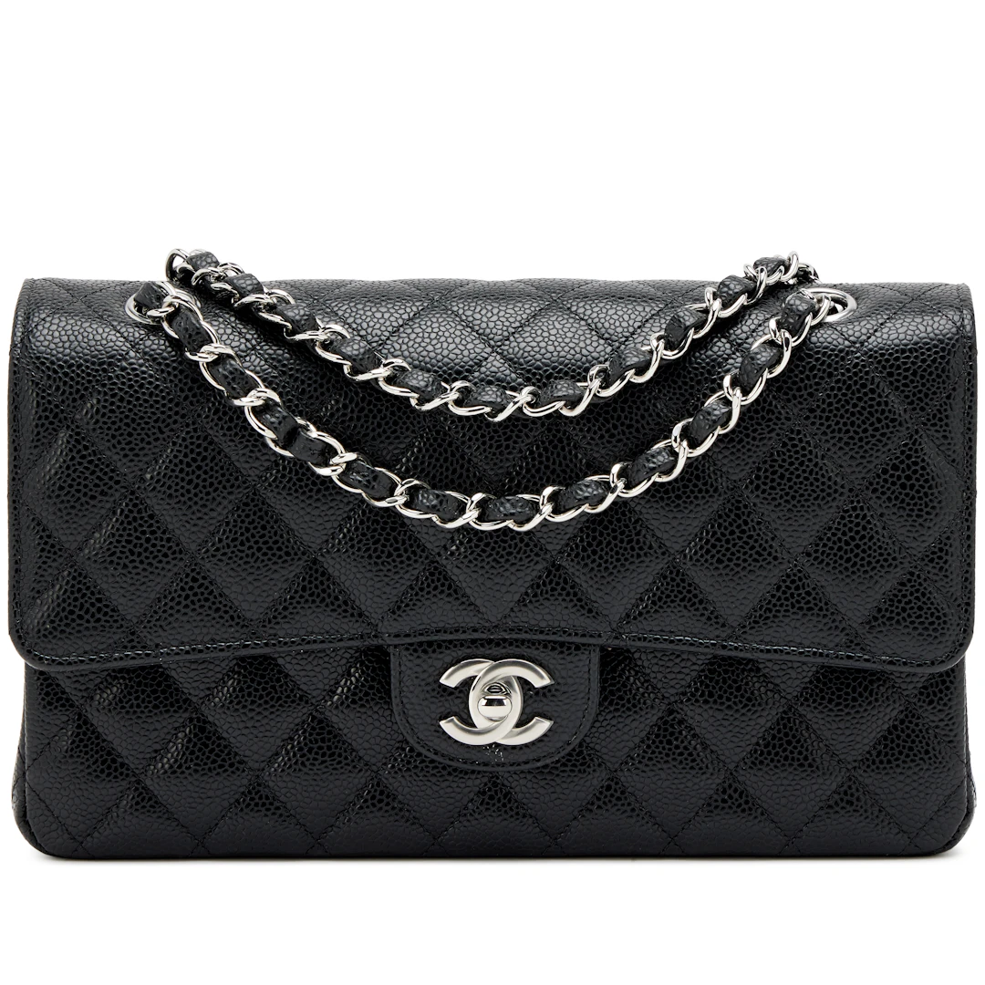Black Quilted Caviar Medium Classic Double Flap Bag Silver Hardware, 2022