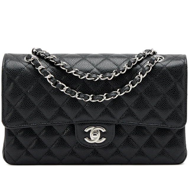 Black Quilted Caviar Medium Classic Double Flap Bag Silver Hardware, 2022