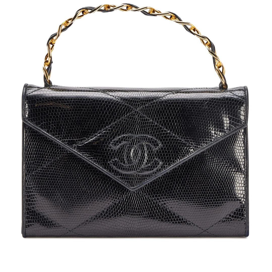 Vintage Black Diamond Quilted Lizard Timeless Envelope Flap Bag Gold
