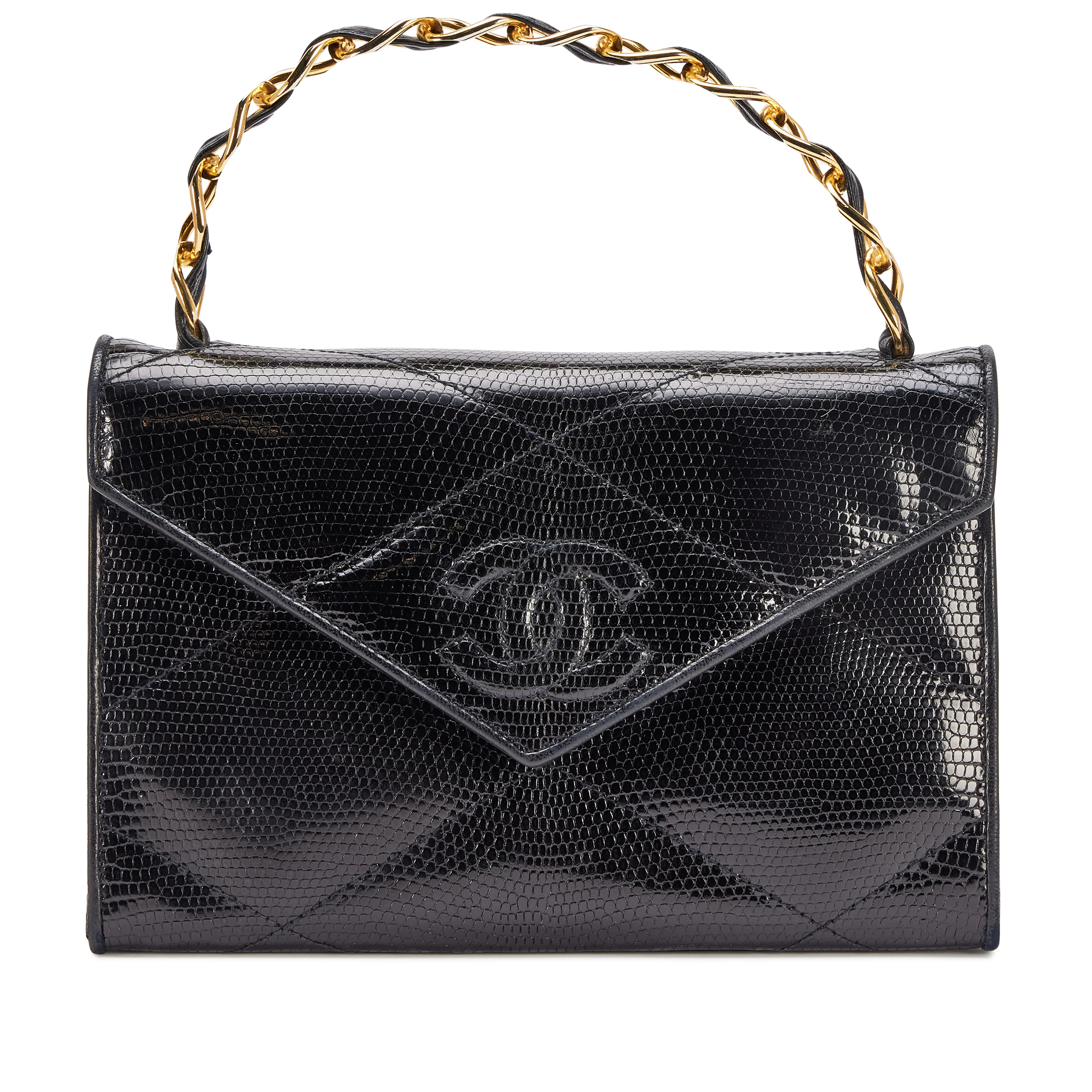 Vintage Black Diamond Quilted Lizard Timeless Envelope Flap Bag Gold