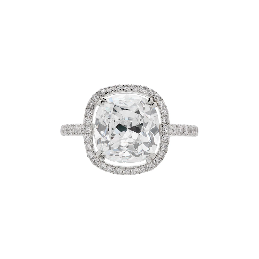 Platinum, 3.35ct Cushion Cut Diamond and Diamond Engagement Ring