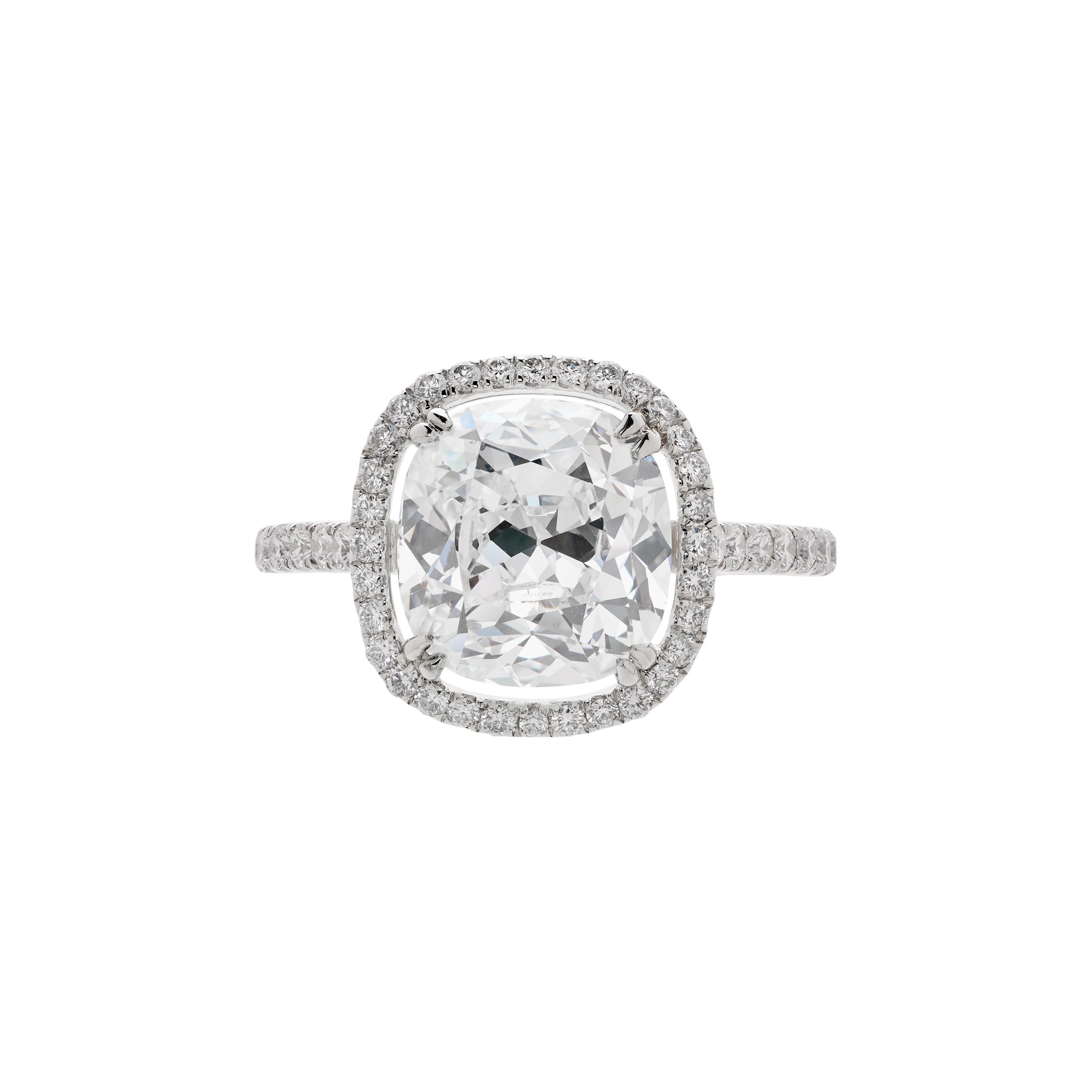 Platinum, 3.35ct Cushion Cut Diamond and Diamond Engagement Ring