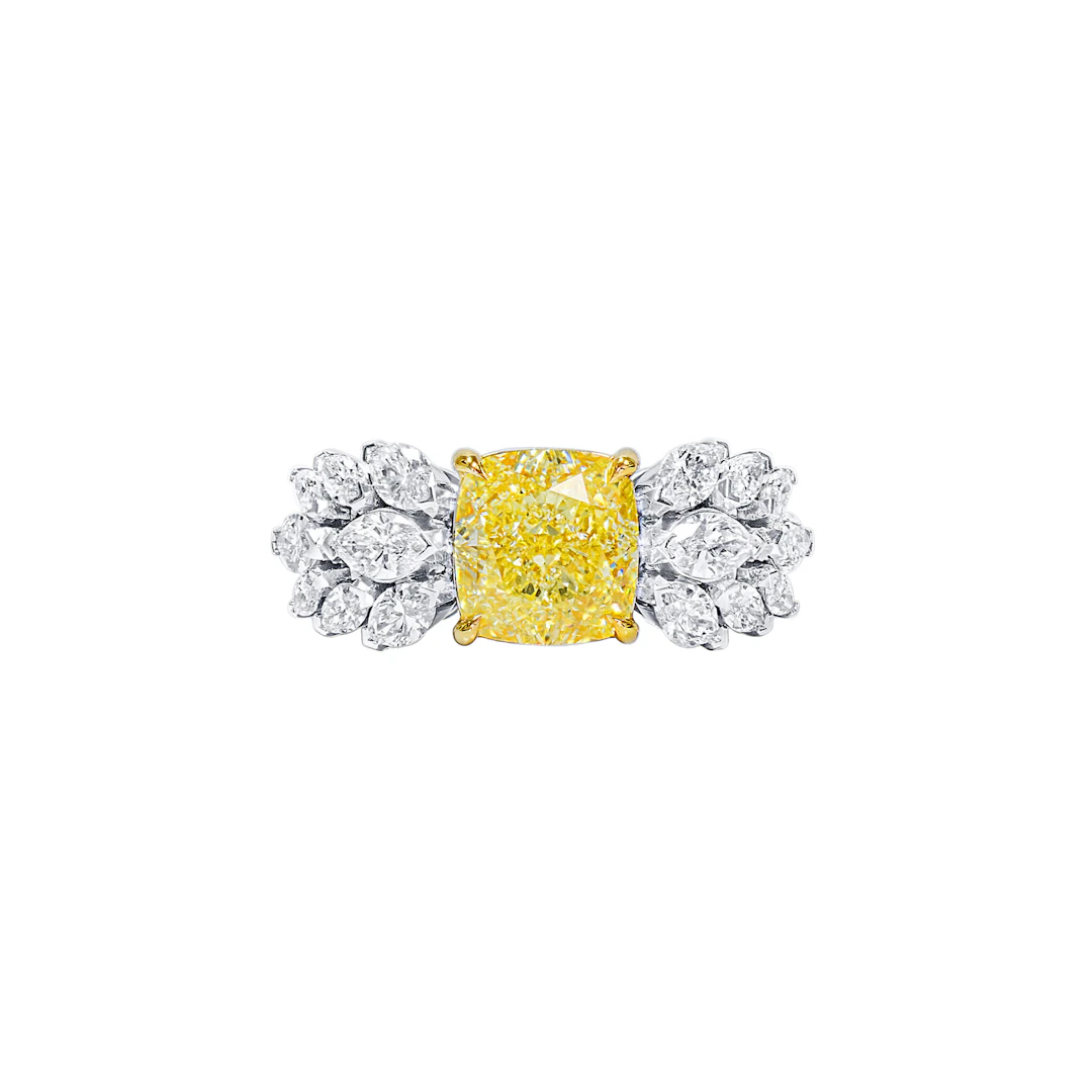 White Gold, 3.03ct Cushion Cut Fancy Yellow Diamond and Diamond Ring