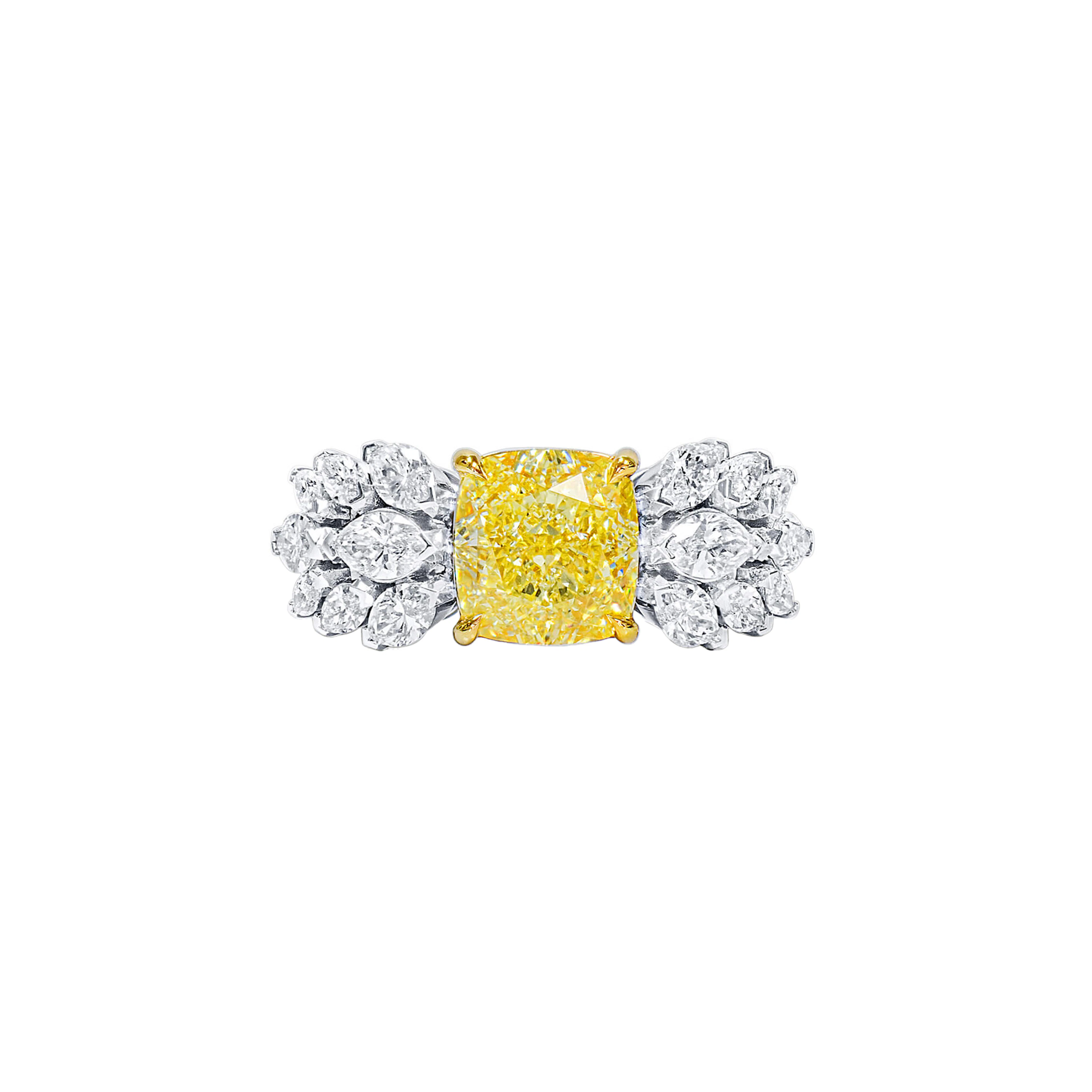 White Gold, 3.03ct Cushion Cut Fancy Yellow Diamond and Diamond Ring