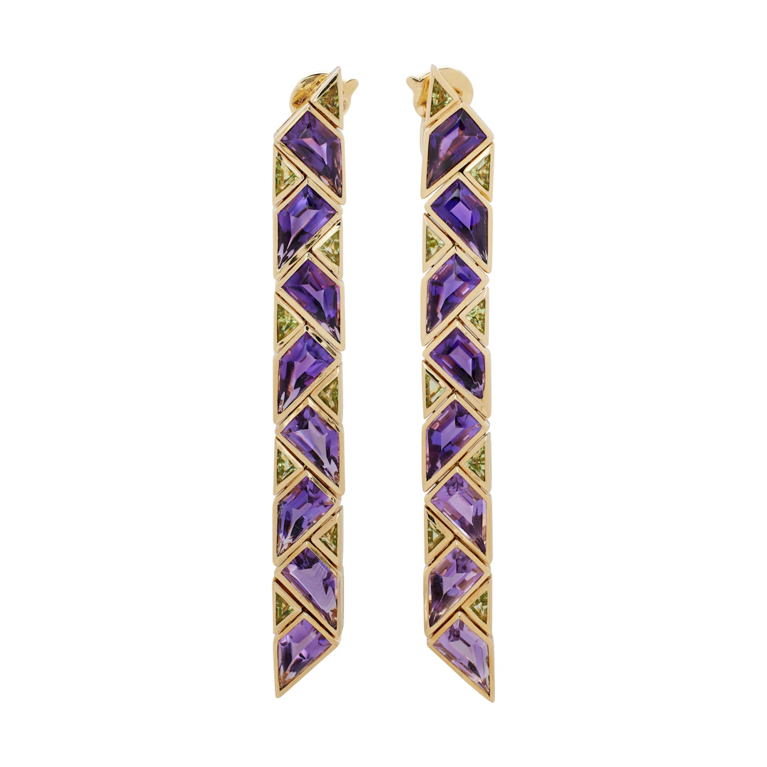 Gold, Amethyst and Peridot Triangolini Drop Earclips