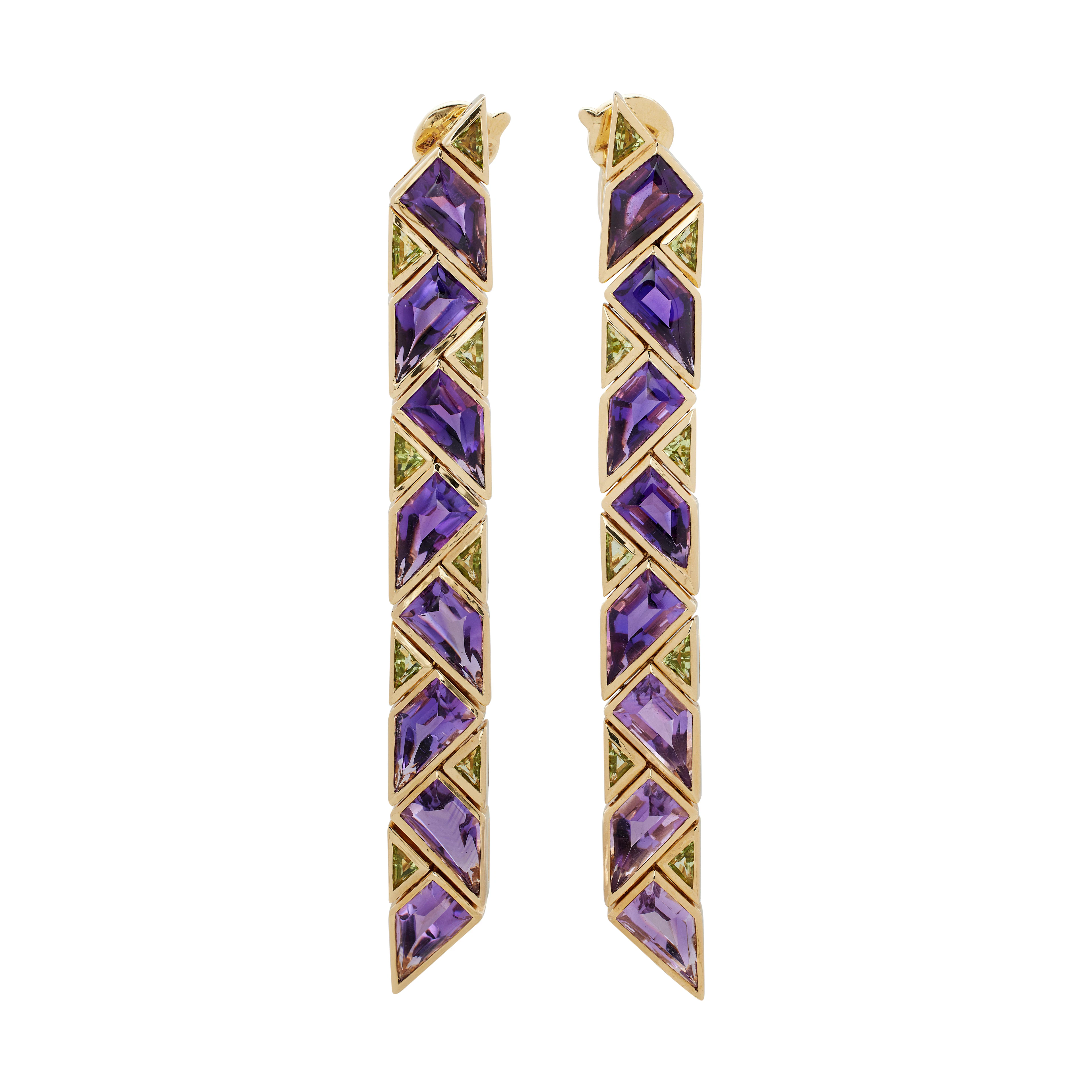 Gold, Amethyst and Peridot Triangolini Drop Earclips