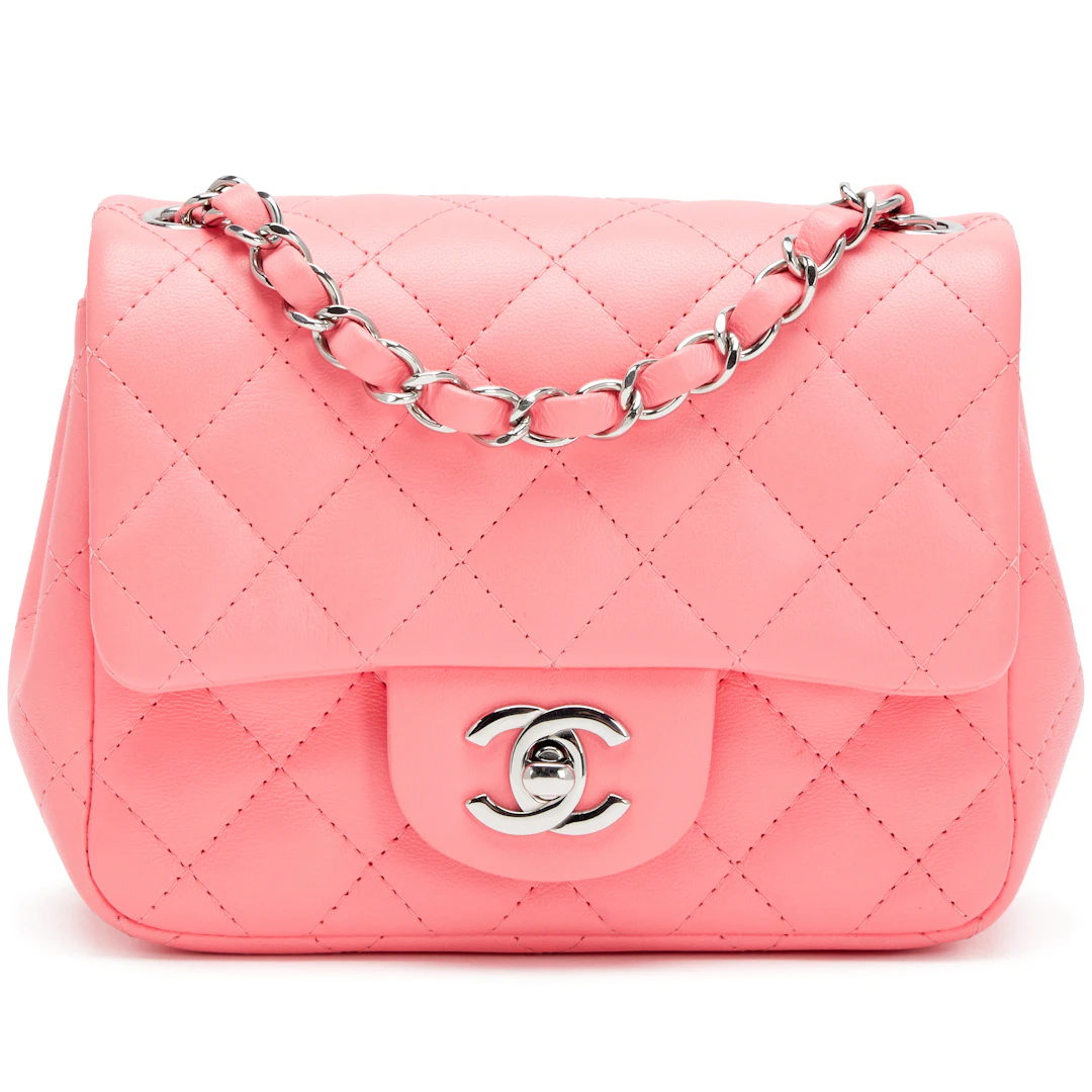 Neon Pink Quilted Lambskin Mini Square Classic Single Flap Bag Silver