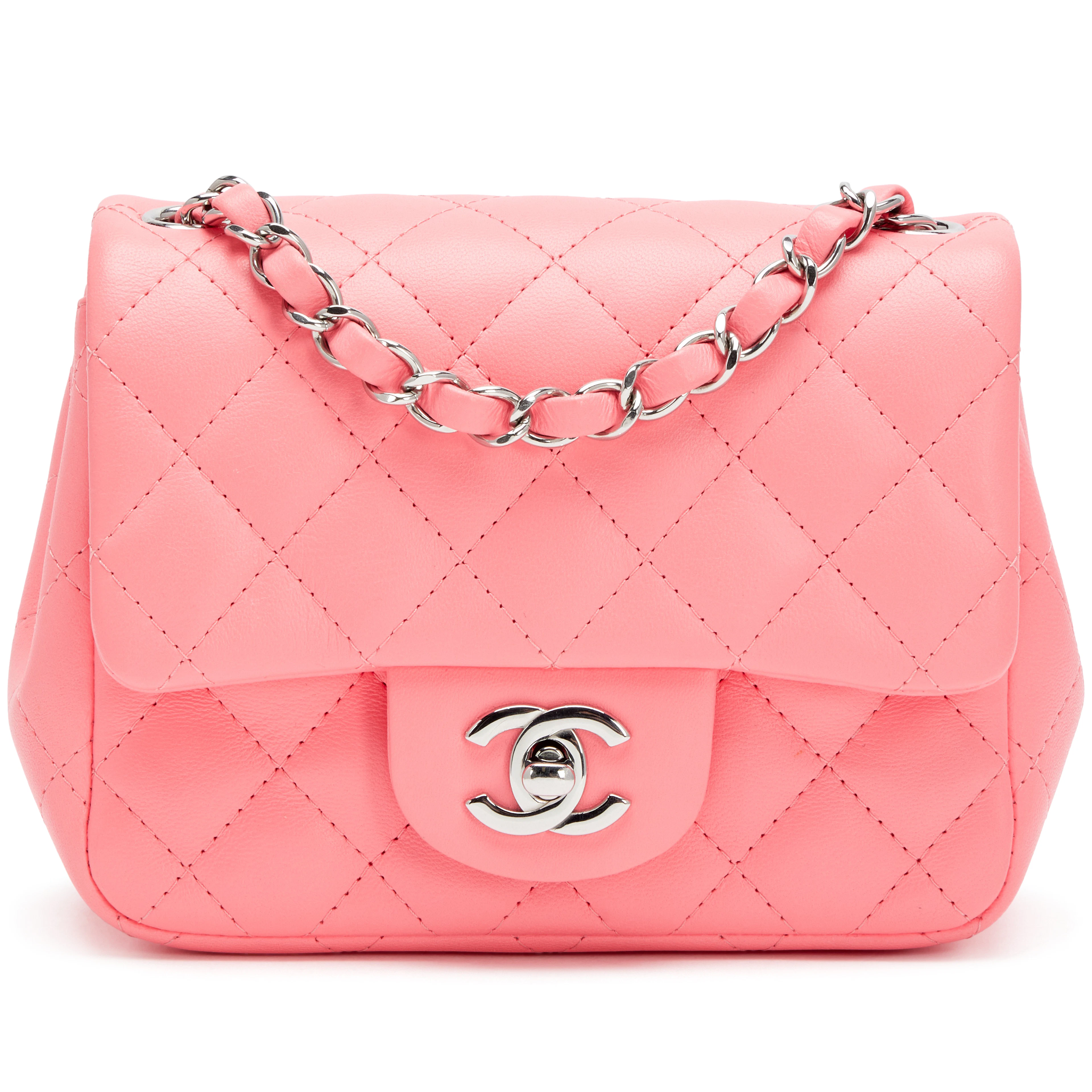 Neon Pink Quilted Lambskin Mini Square Classic Single Flap Bag Silver