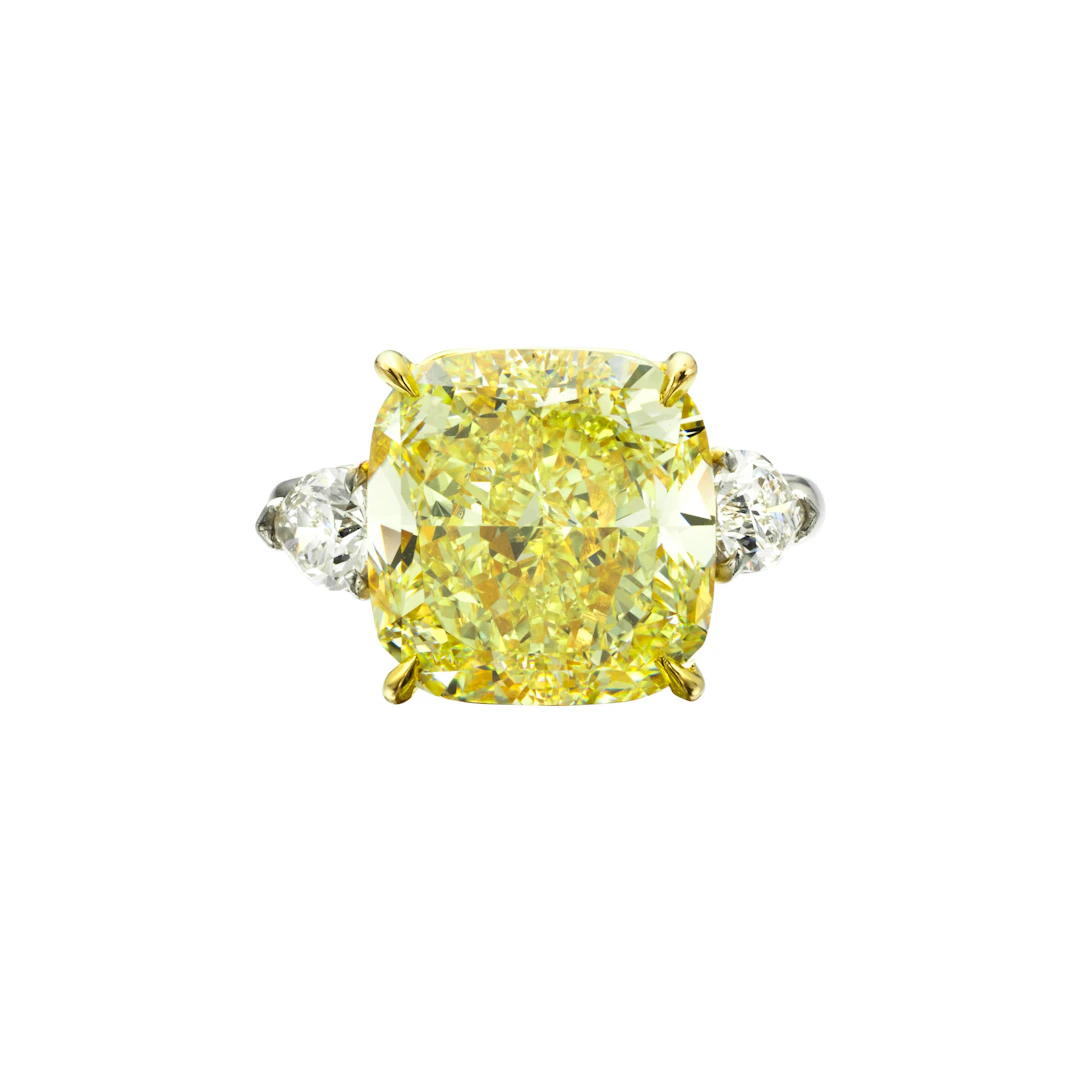 Platinum, 13.05ct Cushion Cut Fancy Yellow Diamond and Diamond Ring