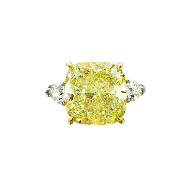 Platinum, 13.05ct Cushion Cut Fancy Yellow Diamond and Diamond Ring
