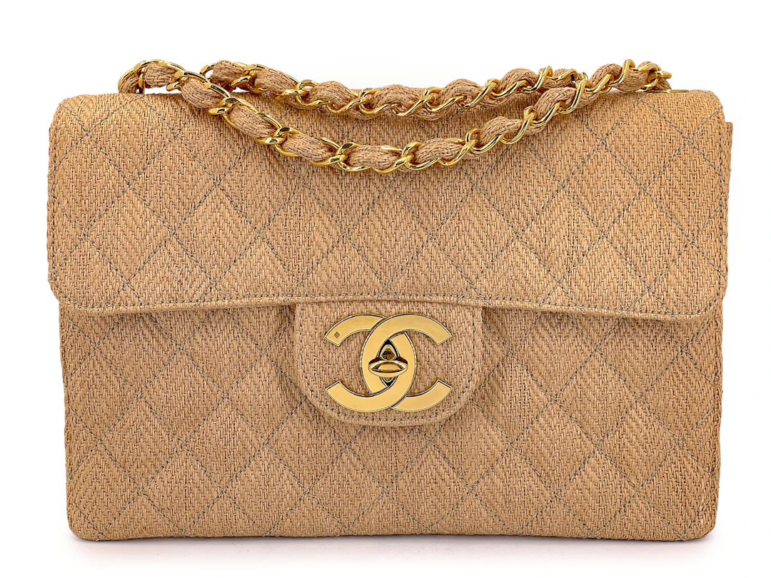 Vintage Wool Tweed Beige Quilted Classic Jumbo Clutch Flap Bag Gold