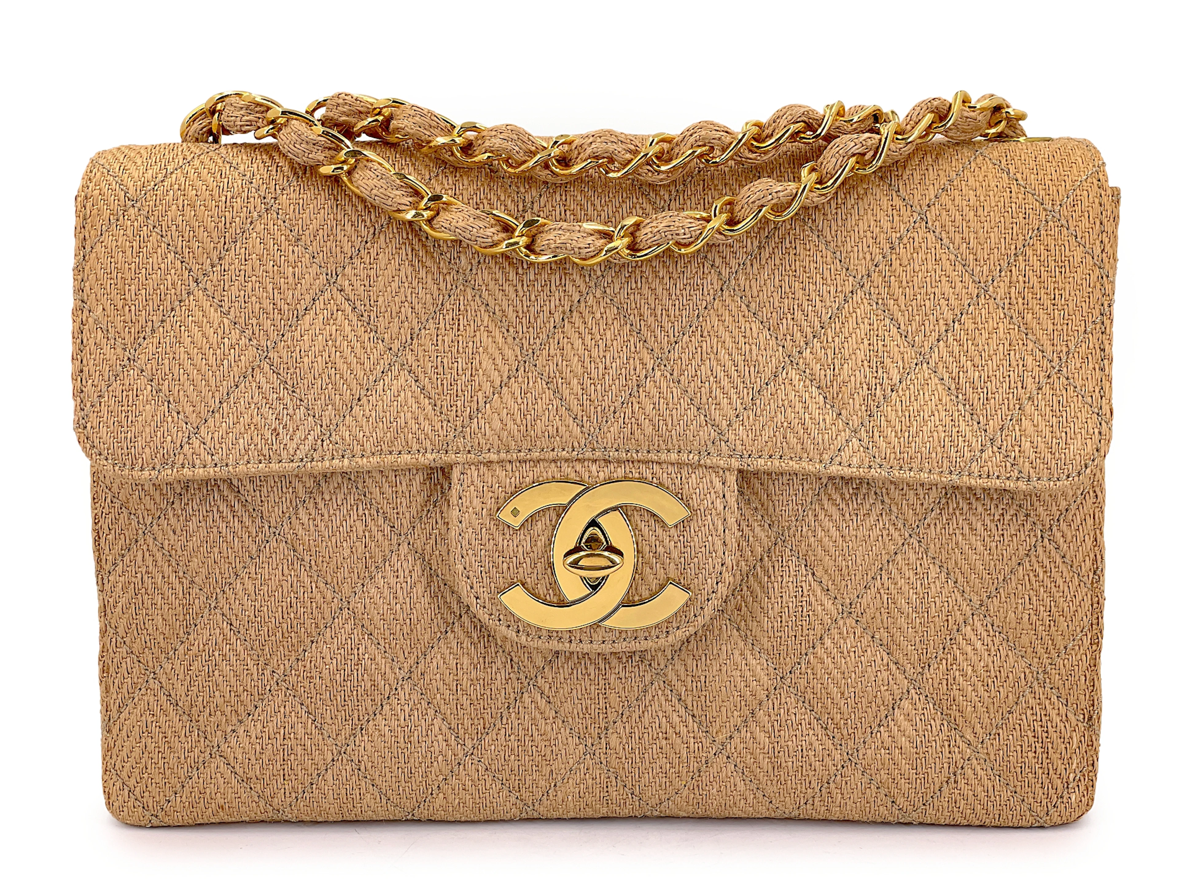 Vintage Wool Tweed Beige Quilted Classic Jumbo Clutch Flap Bag Gold