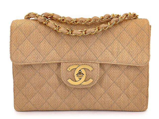 Vintage Wool Tweed Beige Quilted Classic Jumbo Clutch Flap Bag Gold
