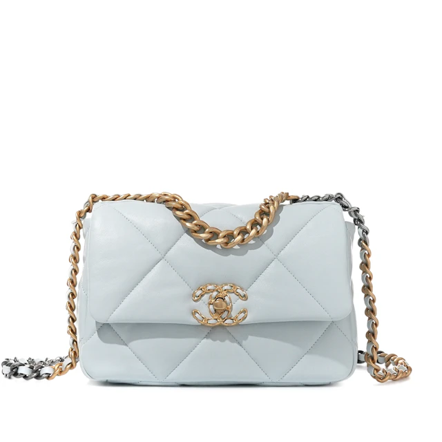Light Blue Quilted Lambskin Small Chanel 19 Flap Aged Gold, Ruthenium
