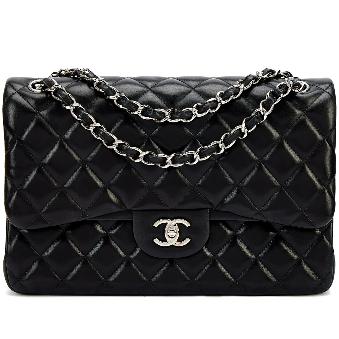 Black Quilted Lambskin Large Timeless Classic Double Flap Silver Hardware, 2011