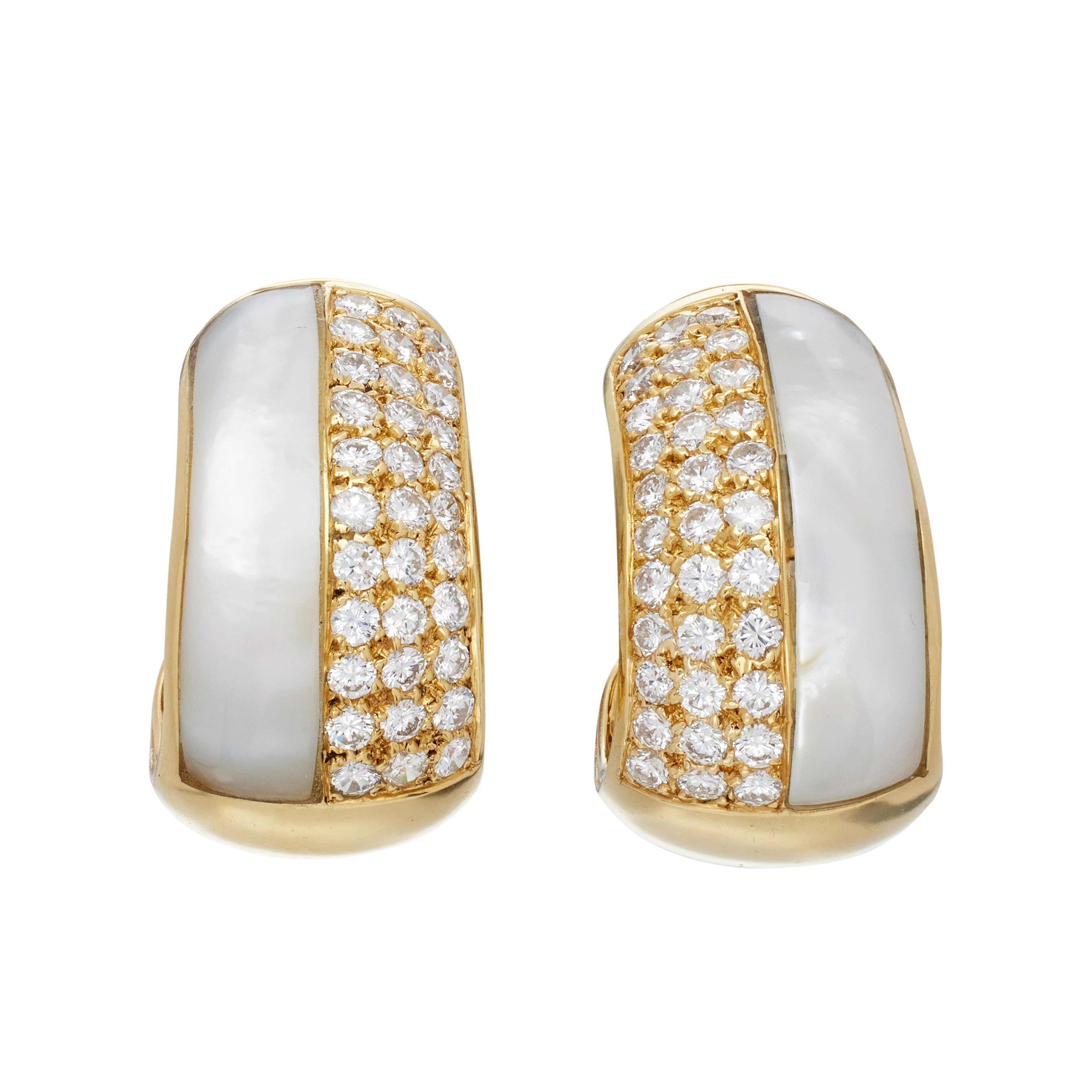 Vintage Gold, Mother of Pearl and Diamond Hoop Earclips