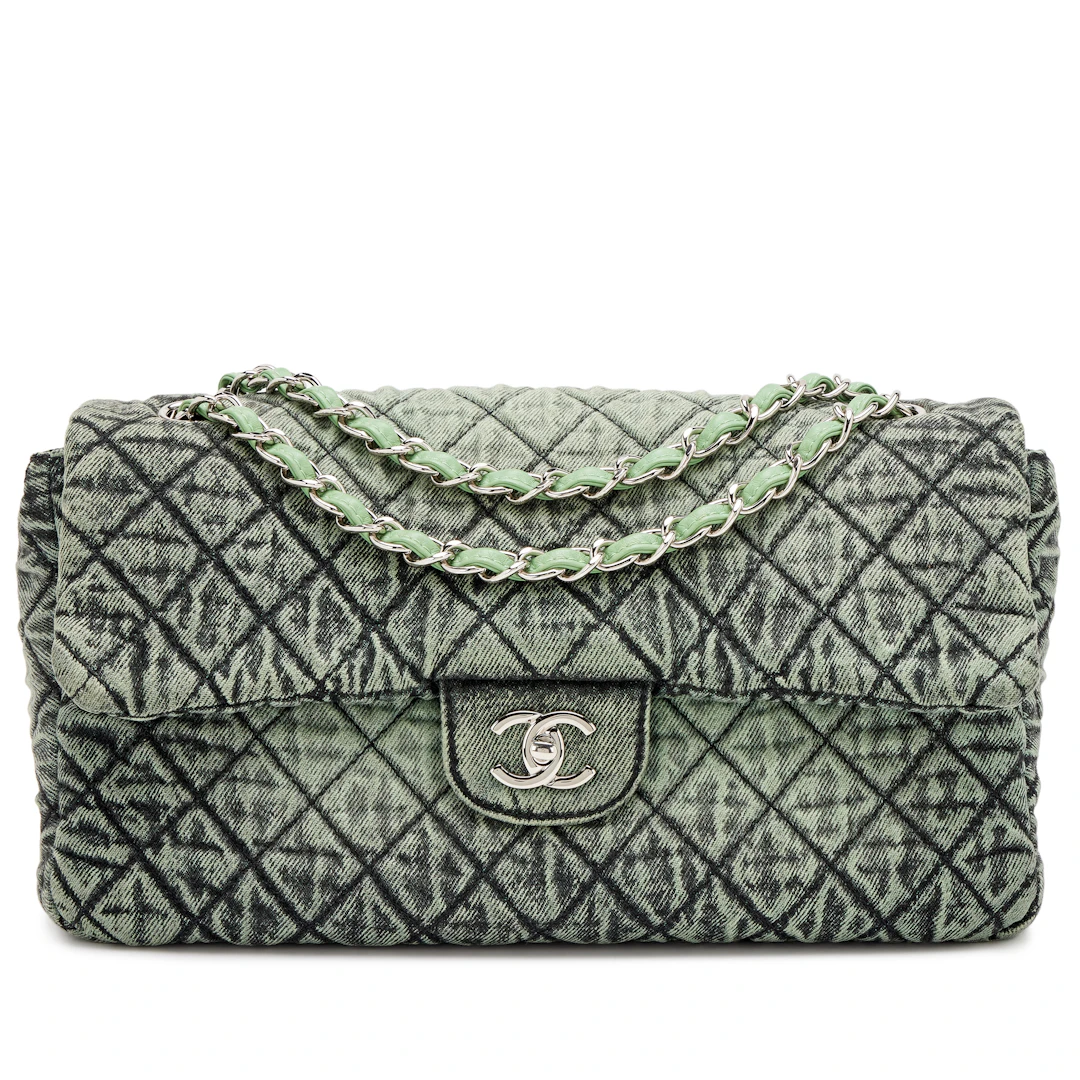 Green and Black Quilted Denim Denimpression Large Flap Bag Silver
