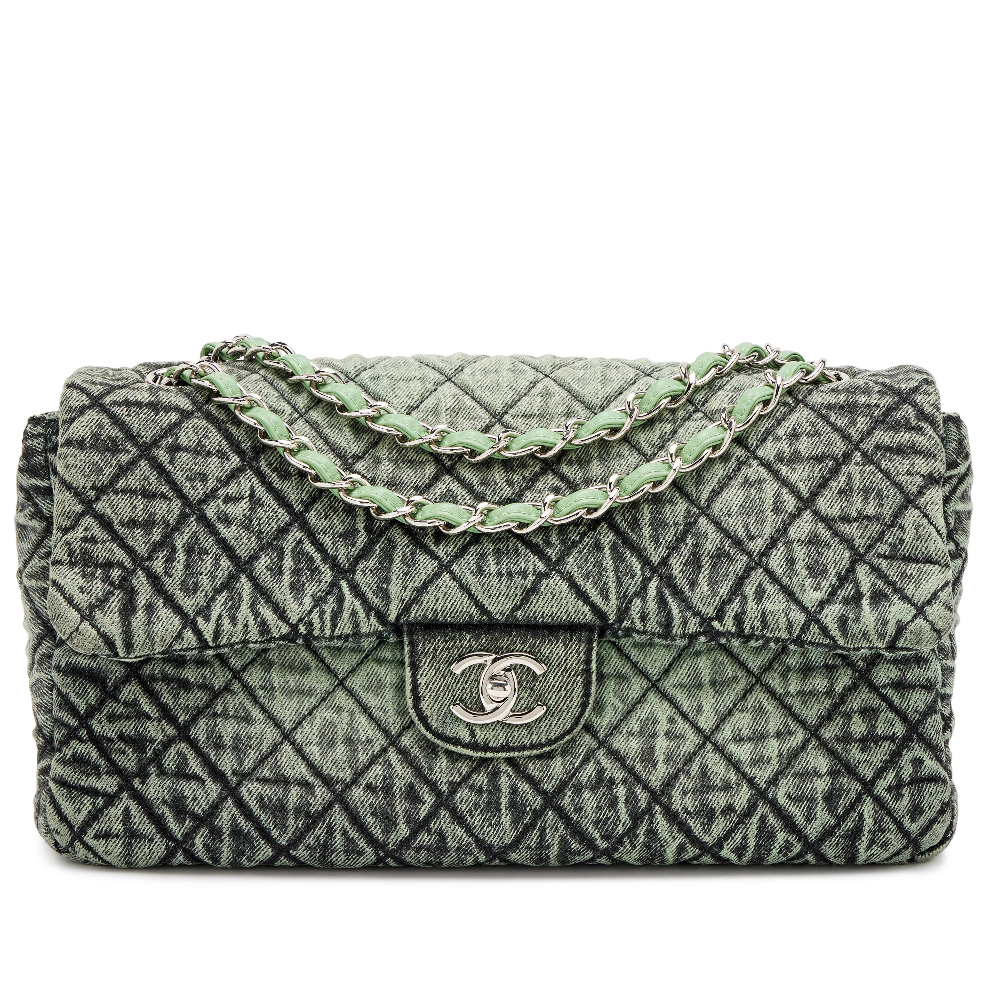 Green and Black Quilted Denim Denimpression Large Flap Bag Silver