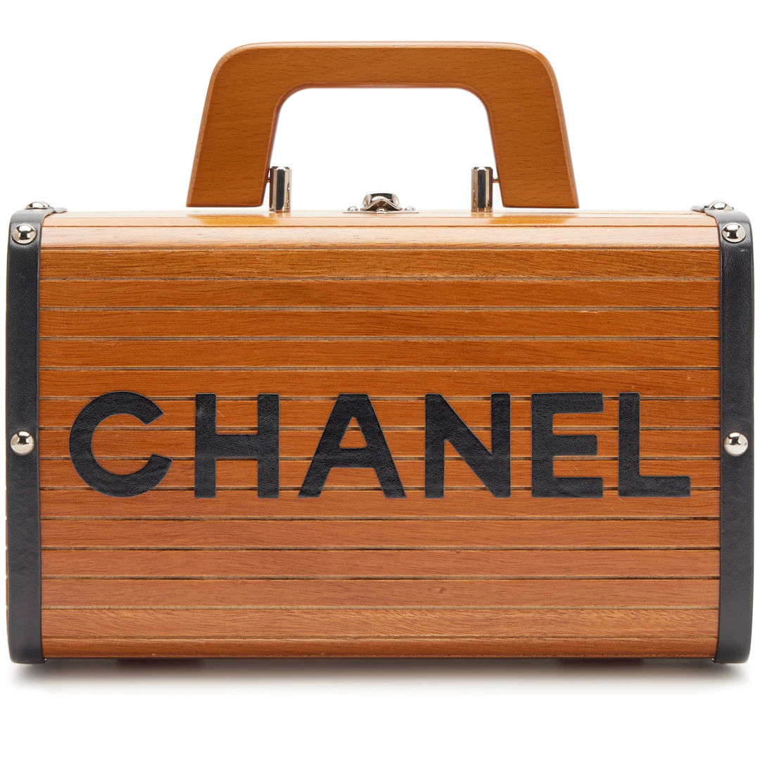 Vintage Brown CC Wooden Trunk Vanity Bag Silver Hardware, 1994-1996