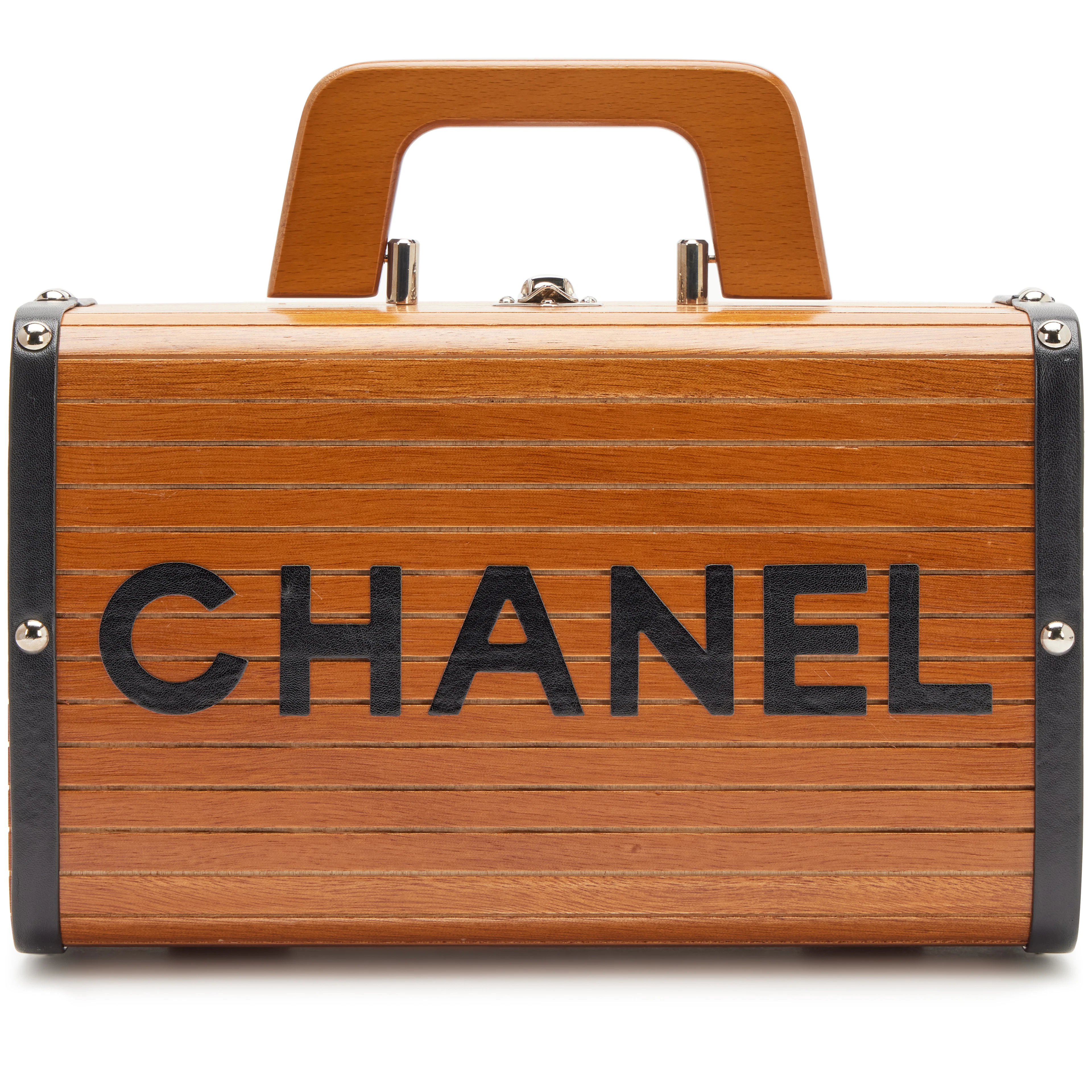 Vintage Brown CC Wooden Trunk Vanity Bag Silver Hardware, 1994-1996
