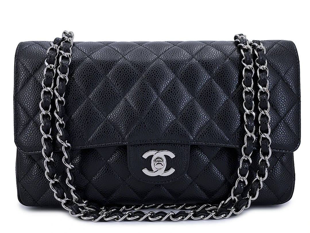Black Quilted Caviar Medium Classic Double Flap Bag Silver Hardware, 2009