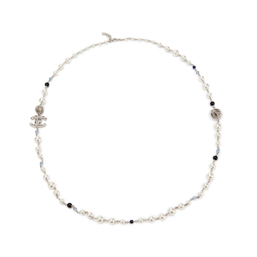 White Imitation Pearl, Blue Glass, Strass and Silver Metal CC Necklace, 2019