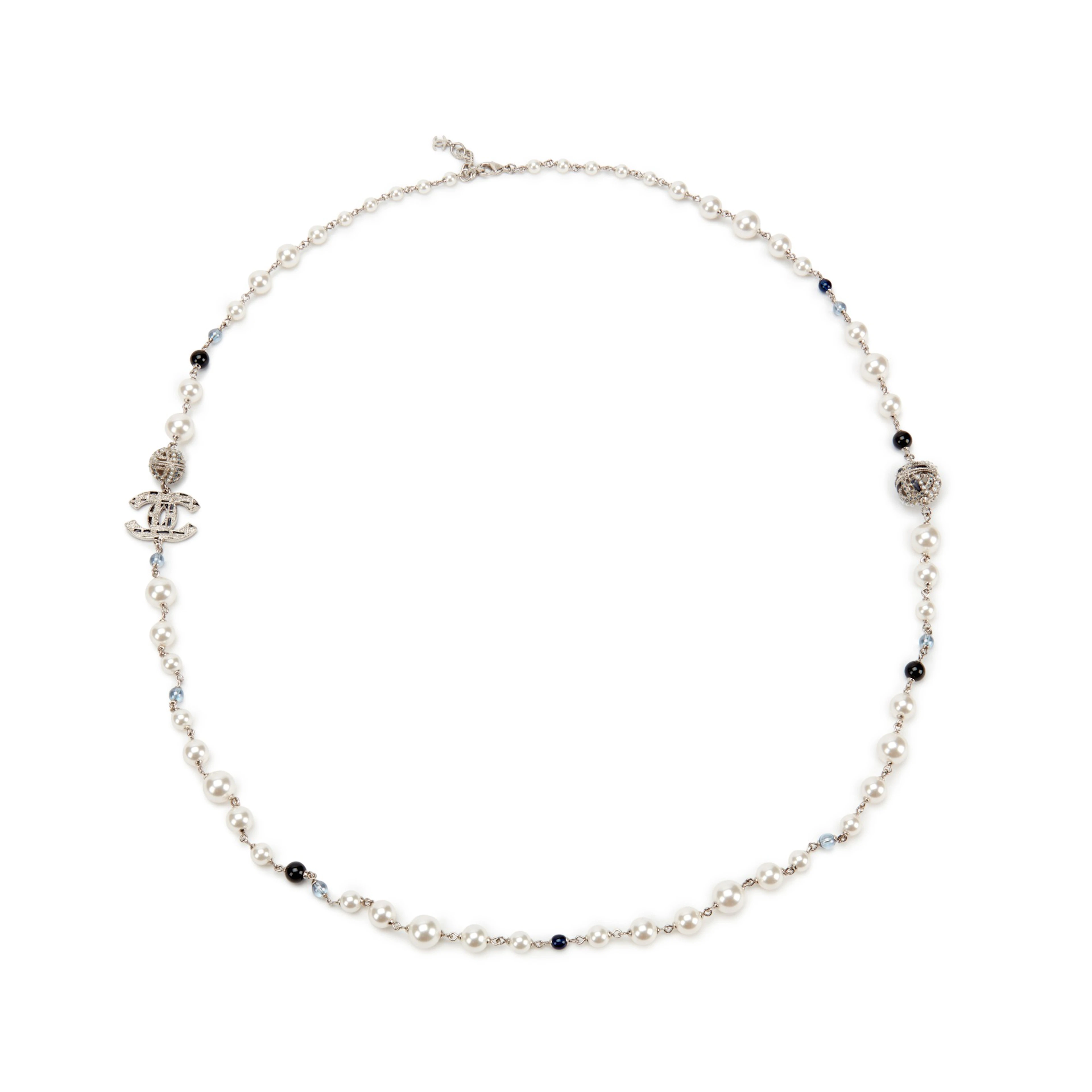 White Imitation Pearl, Blue Glass, Strass and Silver Metal CC Necklace, 2019