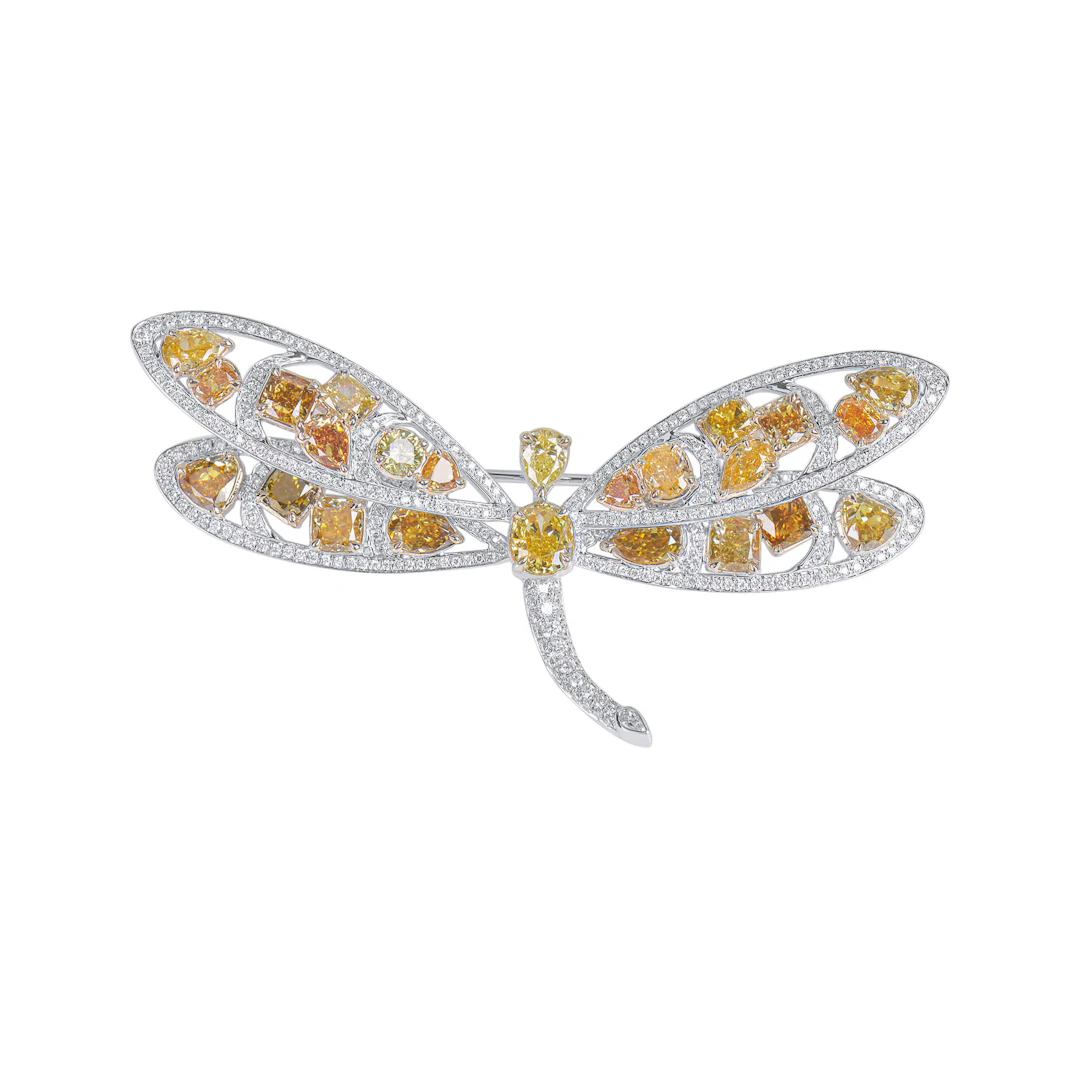 White Gold, Fancy Color Diamond and Diamond Dragonfly Brooch