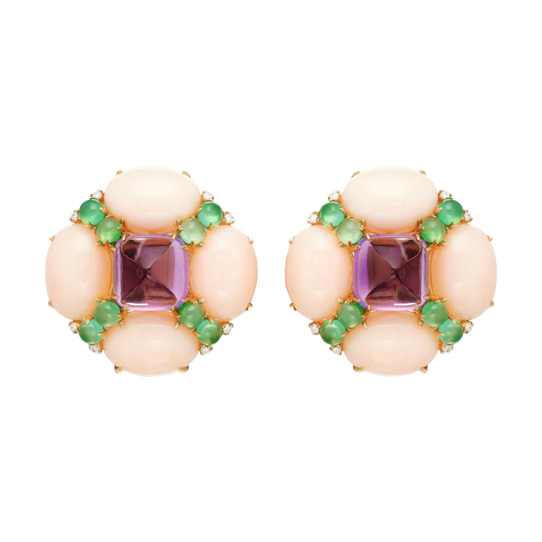 Gold, Amethyst, Chrysoprase, Coral and Diamond Earclips