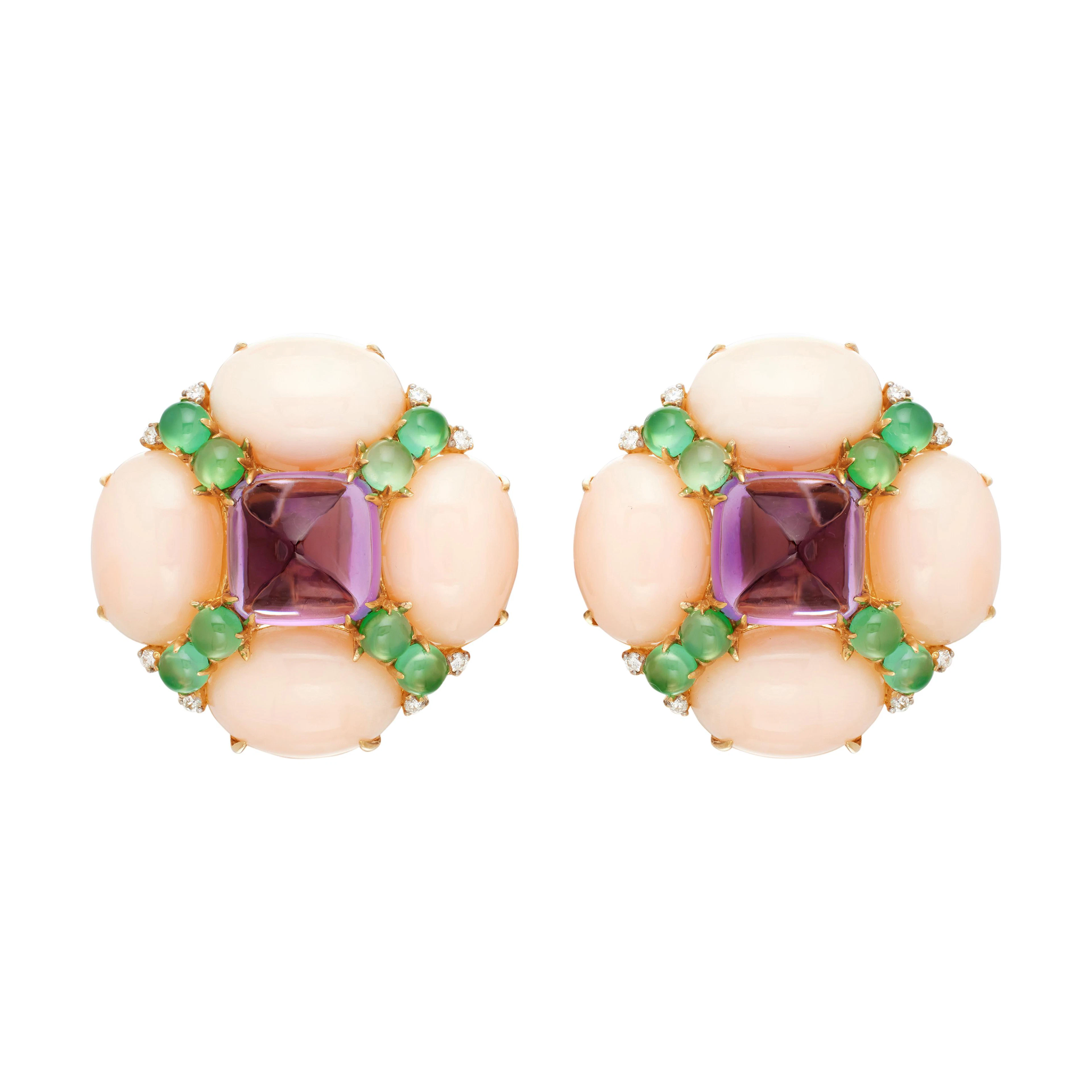 Gold, Amethyst, Chrysoprase, Coral and Diamond Earclips