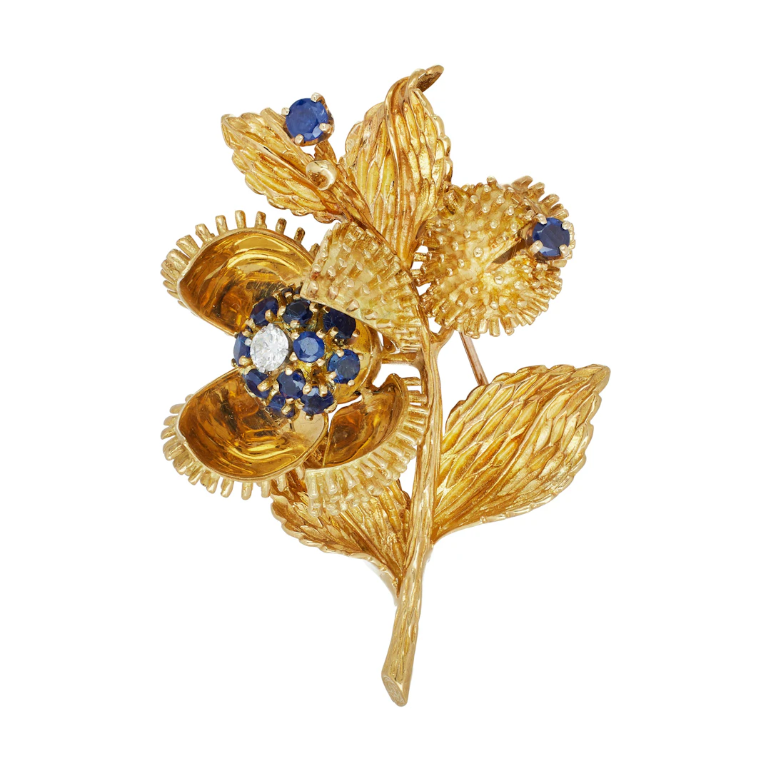 Vintage Gold, Sapphire and Diamond Thistle Brooch