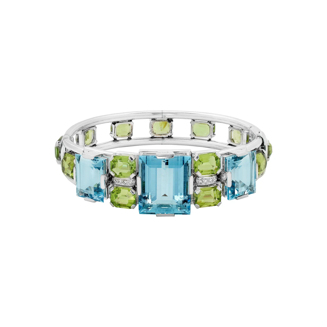 White Gold, Aquamarine, Peridot and Diamond Bangle Bracelet