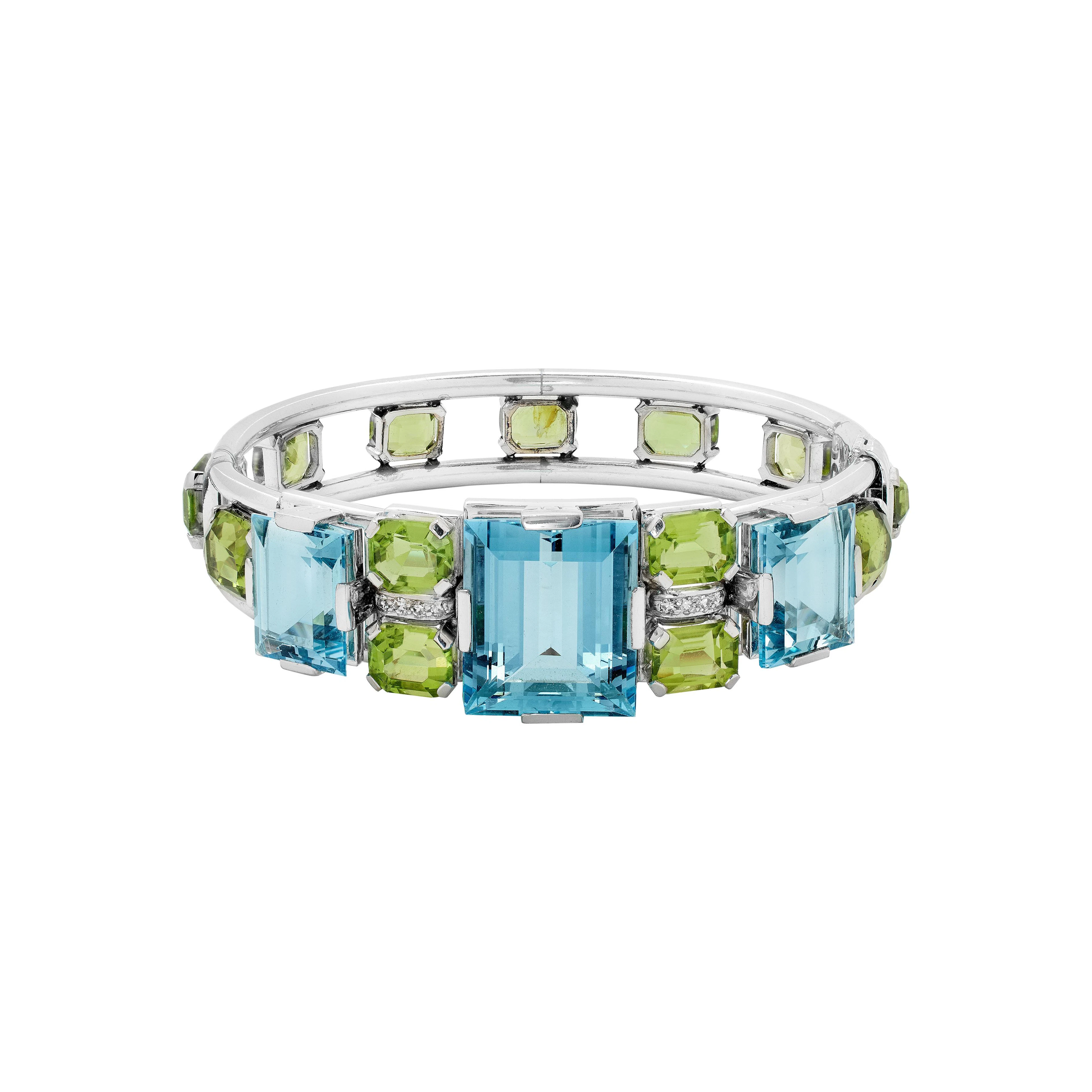 White Gold, Aquamarine, Peridot and Diamond Bangle Bracelet