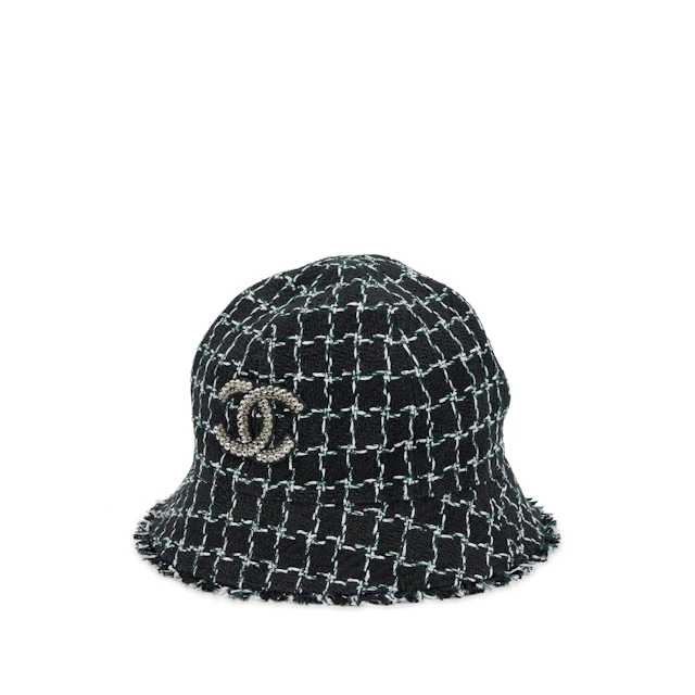 White, Black and Multicolor Embellished Tweed Sequin CC Bucket Hat
