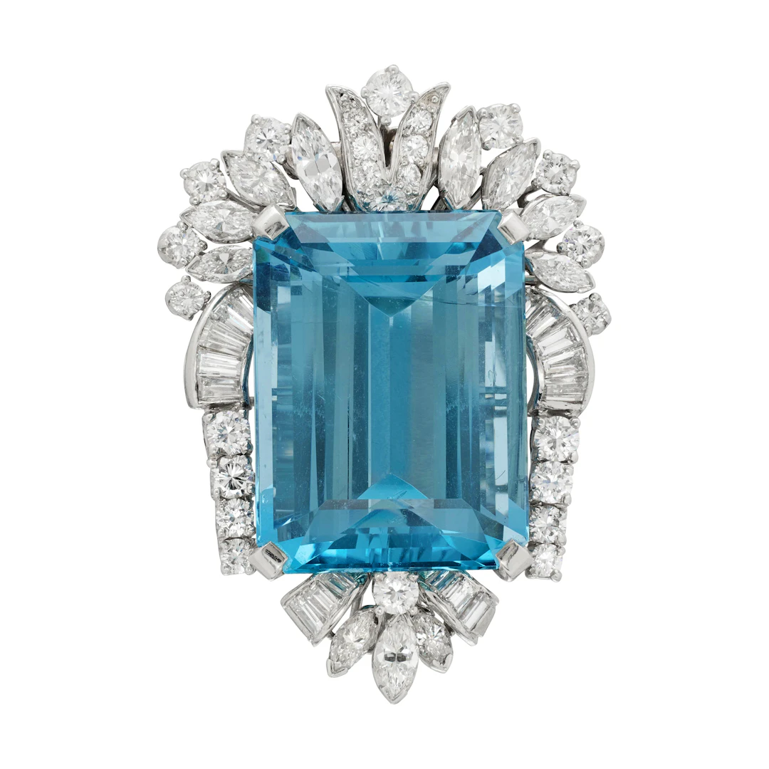 Vintage Platinum, 27.00ct Aquamarine and Diamond Brooch