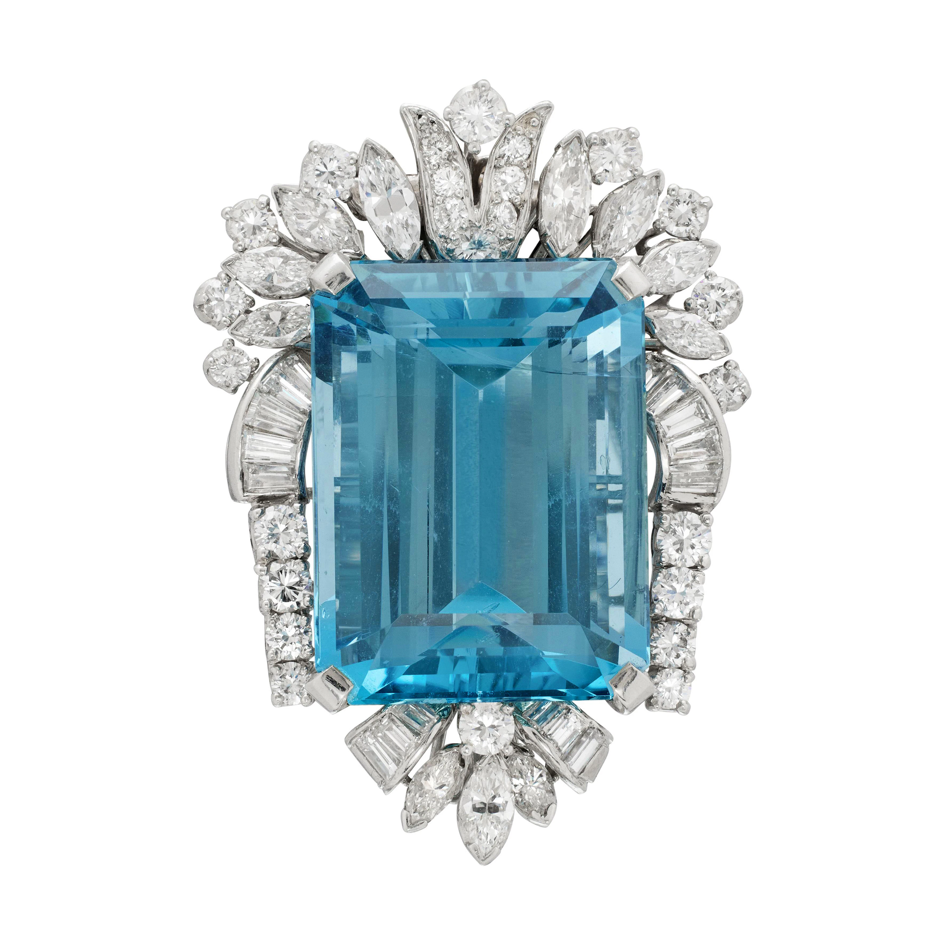Vintage Platinum, 27.00ct Aquamarine and Diamond Brooch