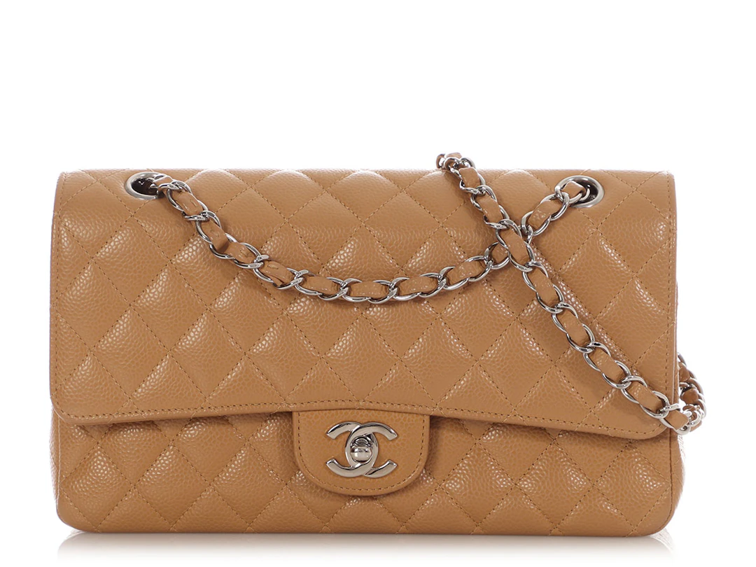 Dark Beige Quilted Caviar Medium Classic Double Flap Bag Ruthenium