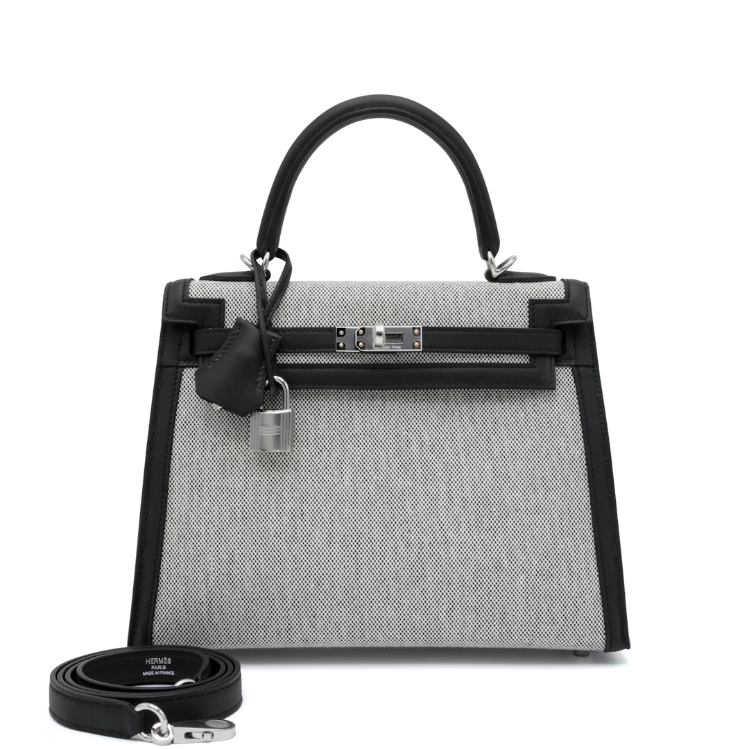 Limited Edition Black Swift and Ecru Toile Kelly 25 Sellier Palladium