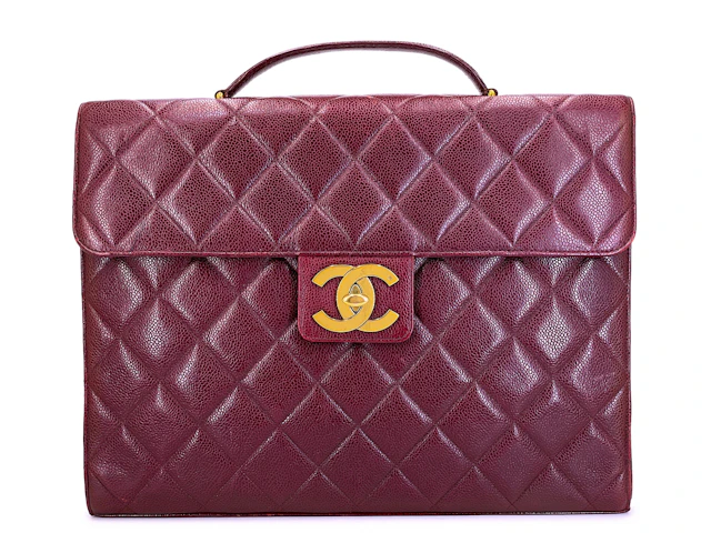 Vintage Wine Burgundy Quilted Caviar Briefcase Tote Bag Gold Hardware