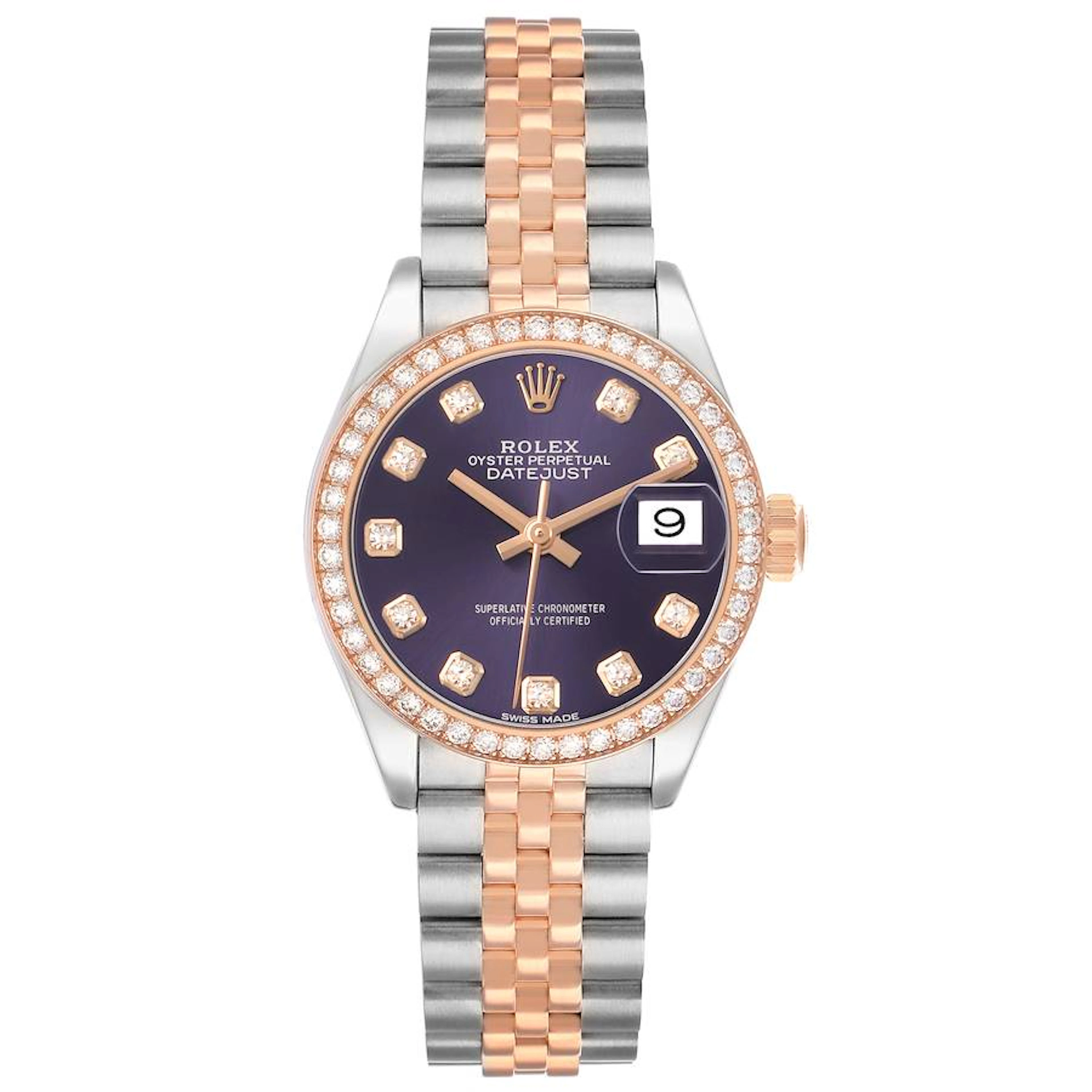 Datejust (Reference 279381). A 28mm stainless steel rose gold diamond-set