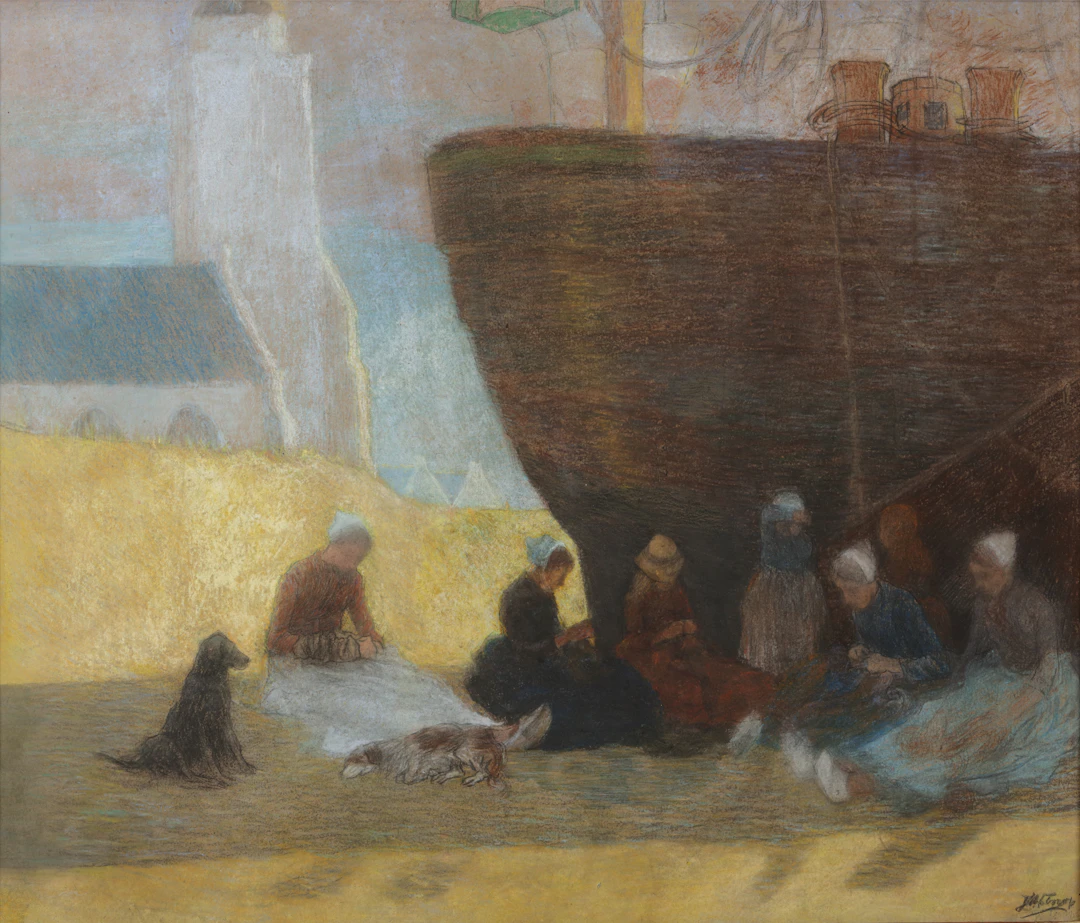 Net menders in the shadow of a Bomschuit, Katwijk aan Zee