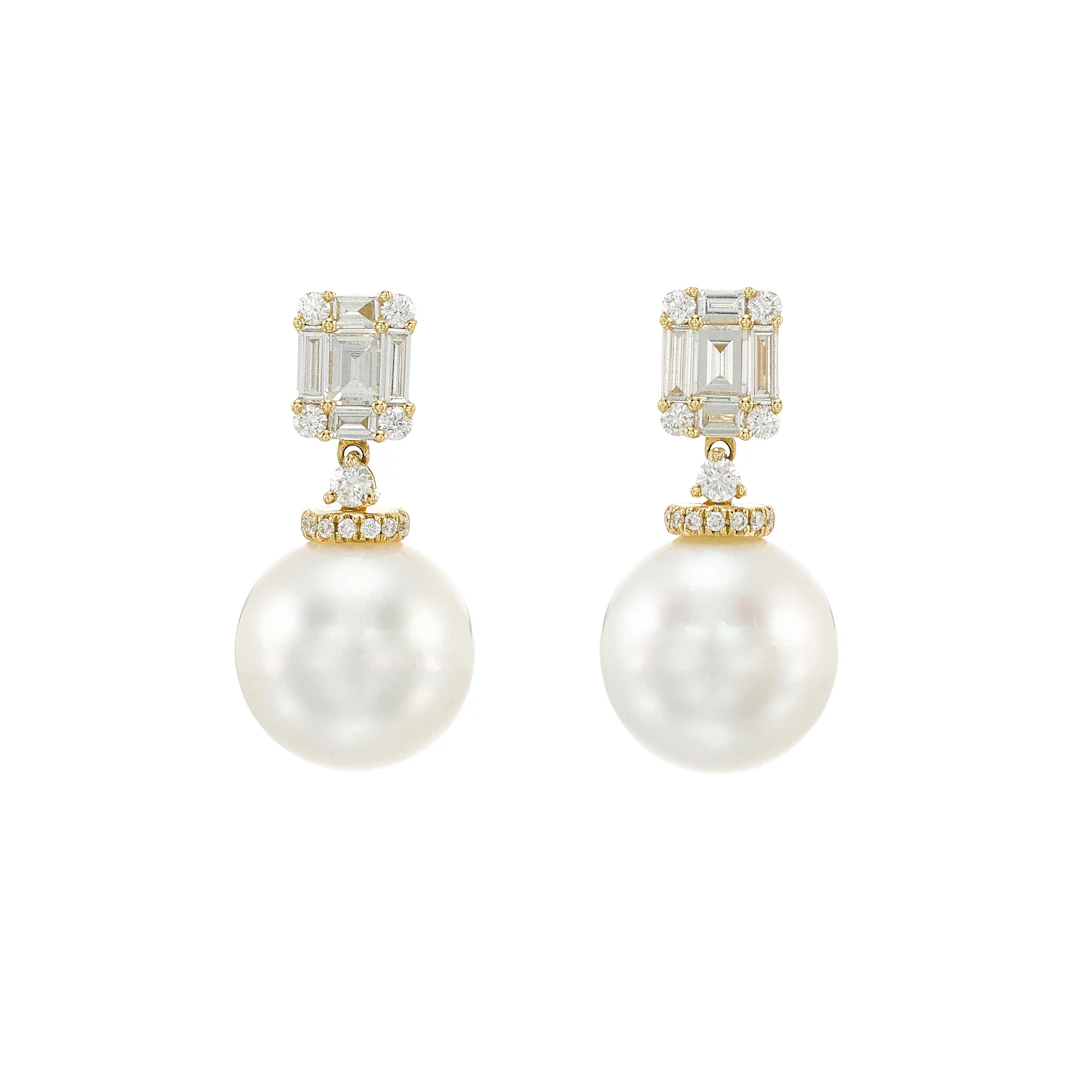 Yellow Gold, Cultured South Sea Pearl and Diamond Studs