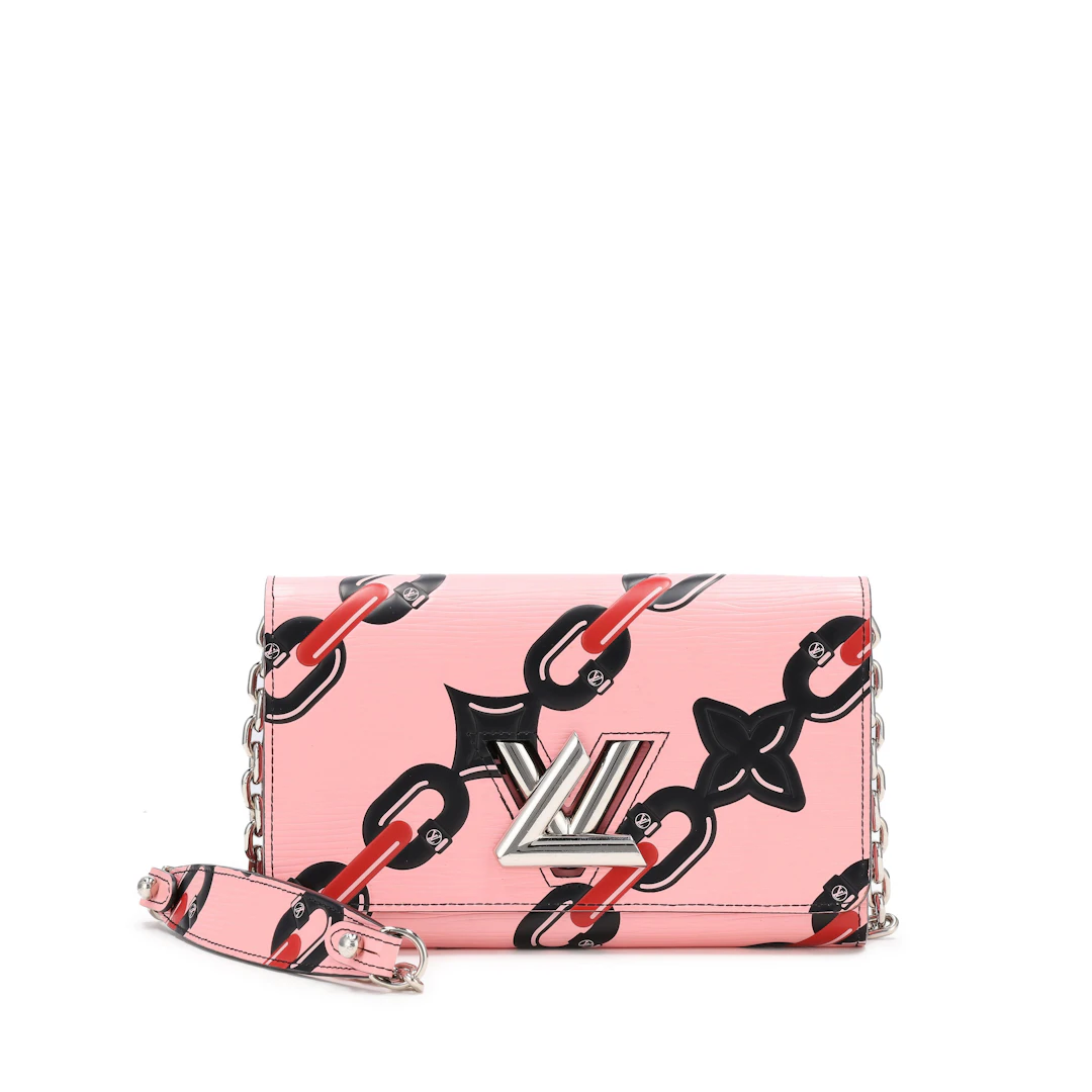 Pink Epi Leather Chain Flower Print Twist Wallet on Chain Silver Hardware, 2016