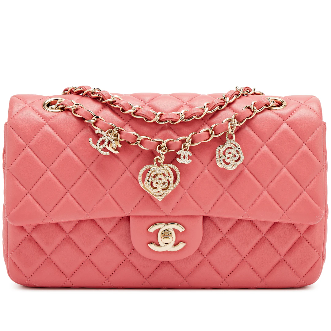 Pink Quilted Lambskin Medium Classic Valentine Charm Single Flap Bag