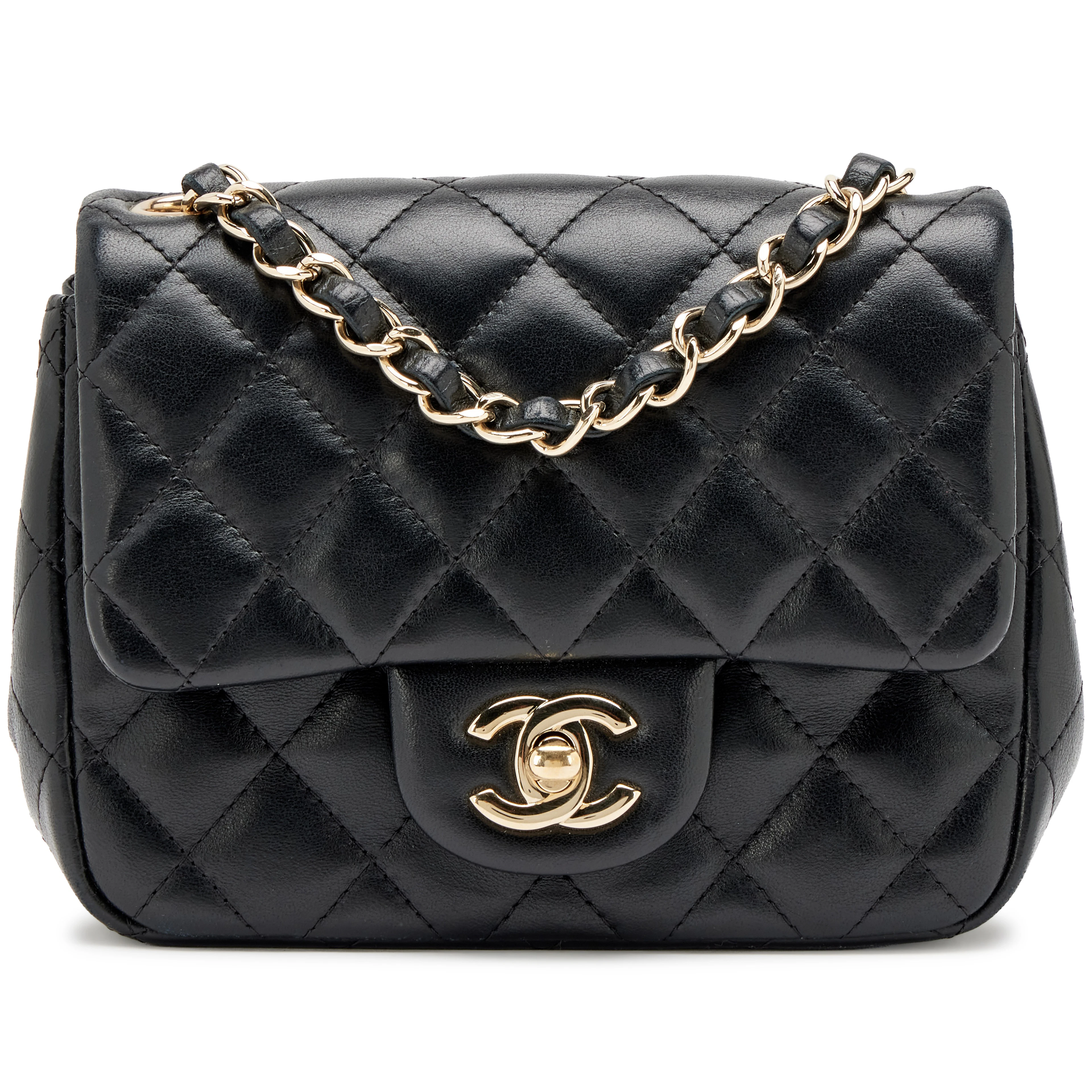 Black Quilted Lambskin Mini Square Classic Single Flap Bag Light Gold