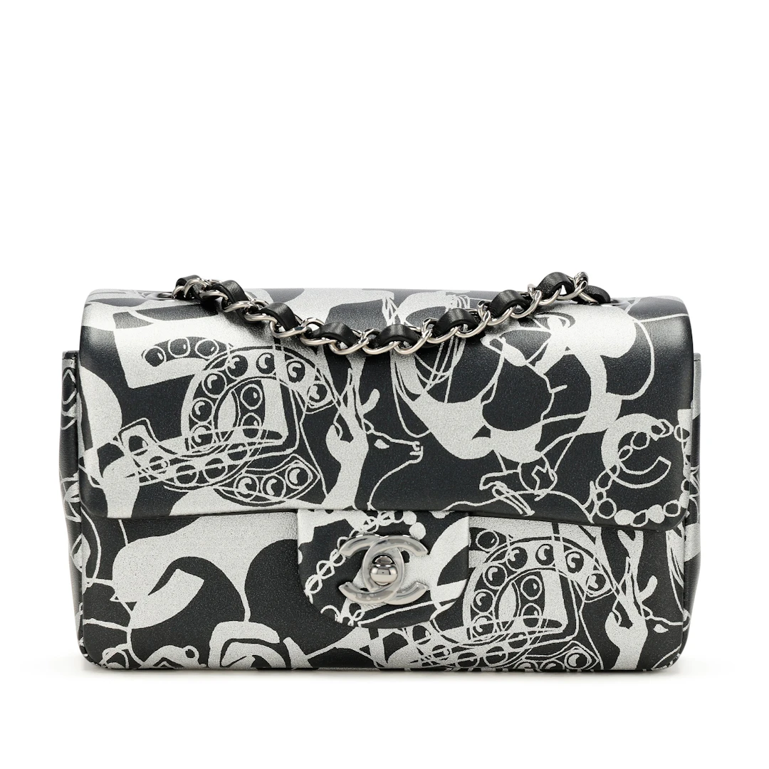 Black and Silver Printed Lambskin Mini Classic Flap Ruthenium Hardware, 2022