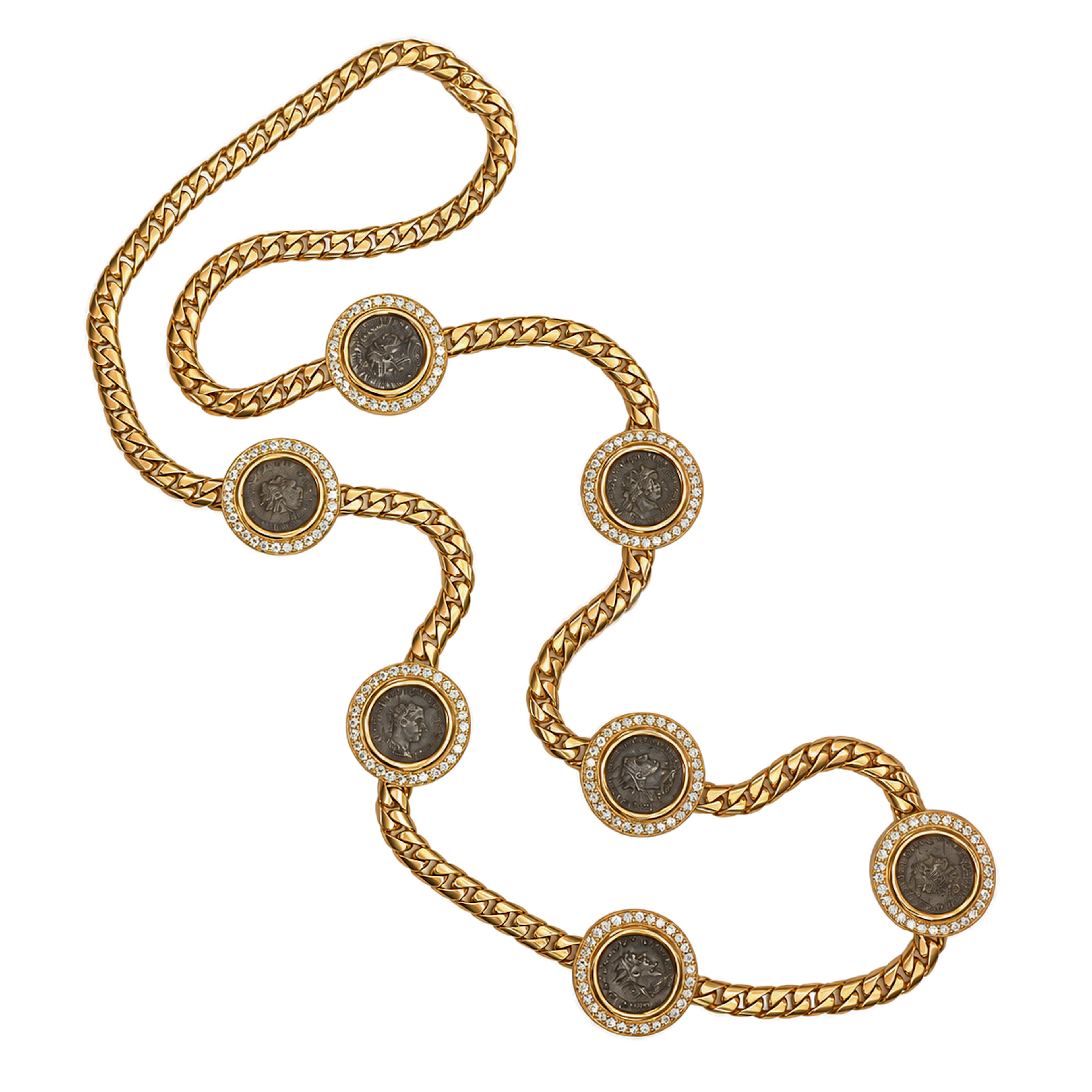 Gold, 7 Ancient Coins and Diamond Monete Necklace