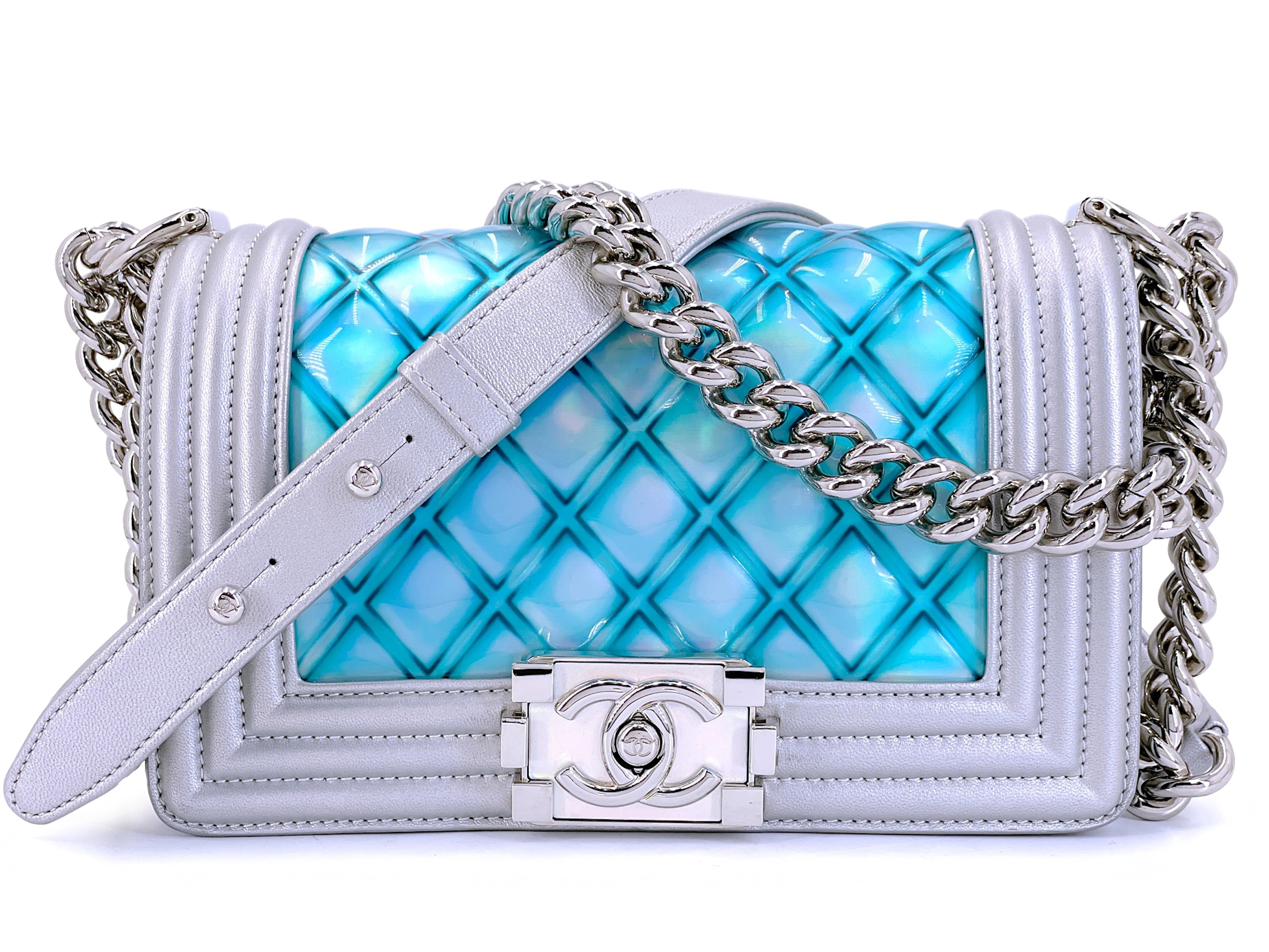 Turquoise Quilted PVC and Iridescent Metallic Lambskin Water Boy Small